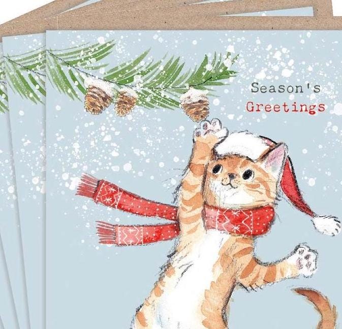 Christmas Card pack - 5 small quality cards with brown recycled envelopes -125 x 125mm-  one design - Ginger Kitten -  XPACK07