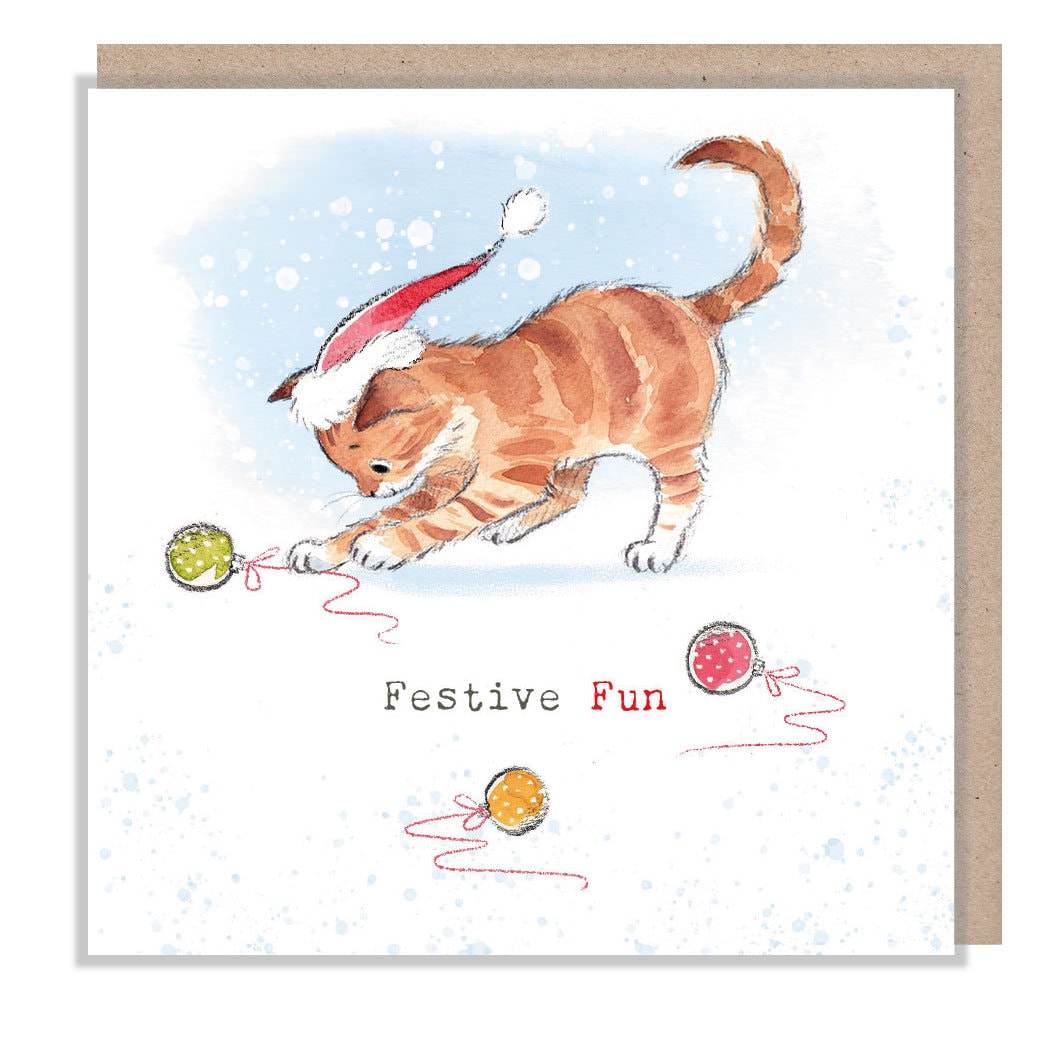 Quality Christmas Card - Charming Cat illustration - 'Pawsitively Purrect' range - Ginger cat  in Xmas hat with wool - Made in UK - XPP010