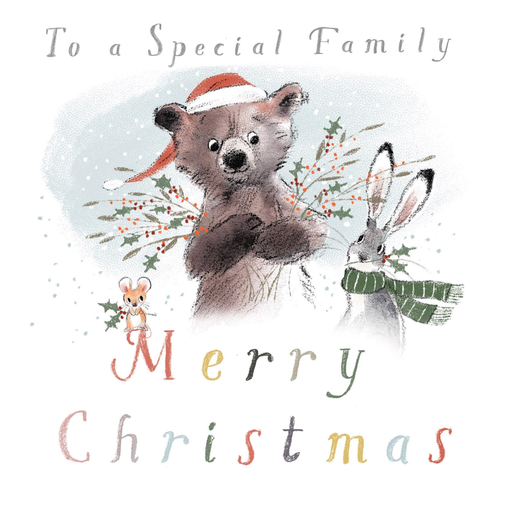To a Special Family, Quality Christmas Card, 'the Bear, the Hare, and the Mouse', Cute heart warming  Bear Illustration, made in UK, BHMX014