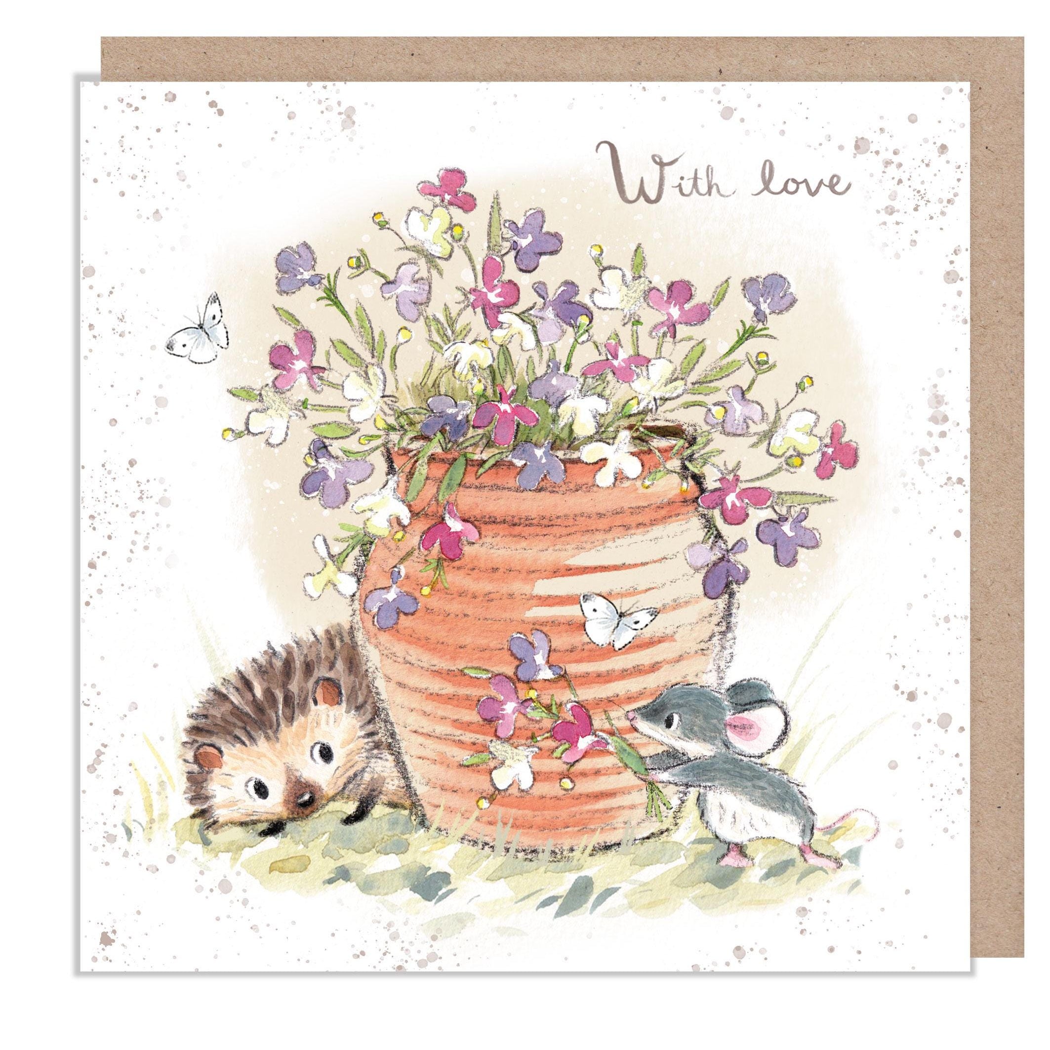 With Love Card - Quality Card - Charming illustration - Hedgehog and Mouse with Lobelia in pot 'Morris and Maude' range  Made in UK - MME012
