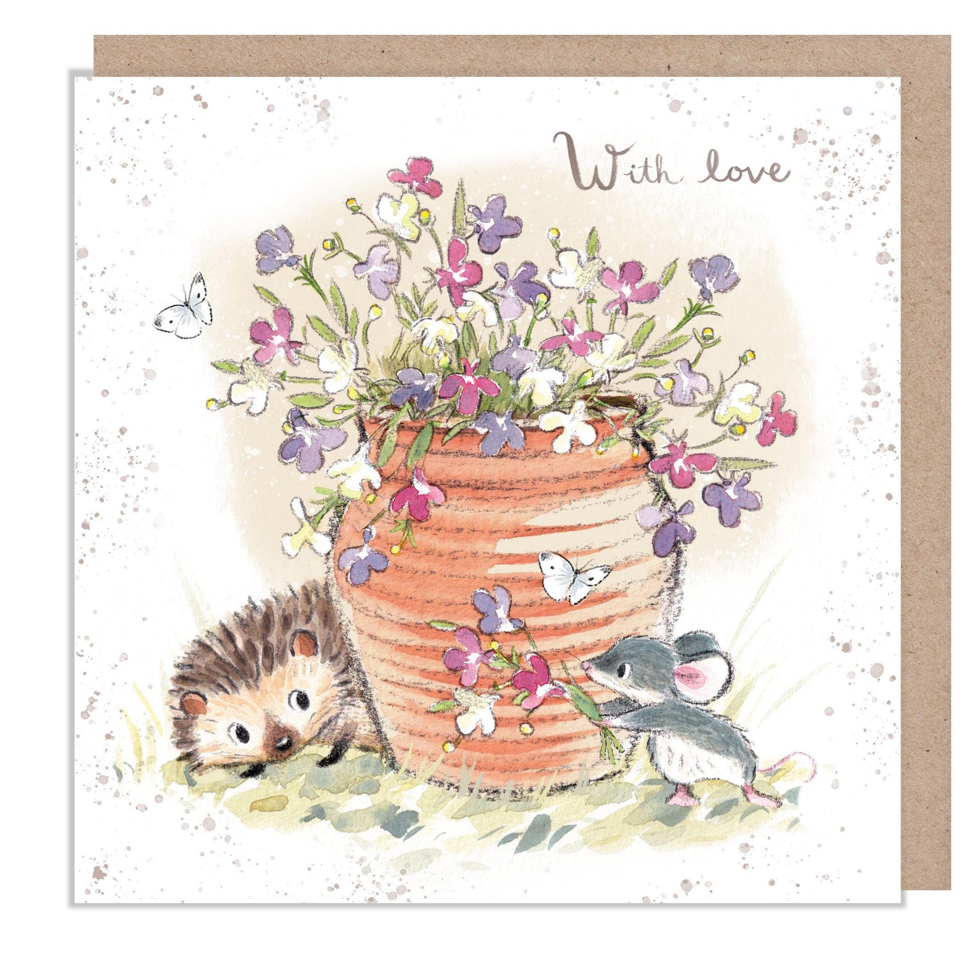 With Love Card - Quality Card - Charming illustration - Hedgehog and Mouse with Lobelia in pot 'Morris and Maude' range  Made in UK - MME012