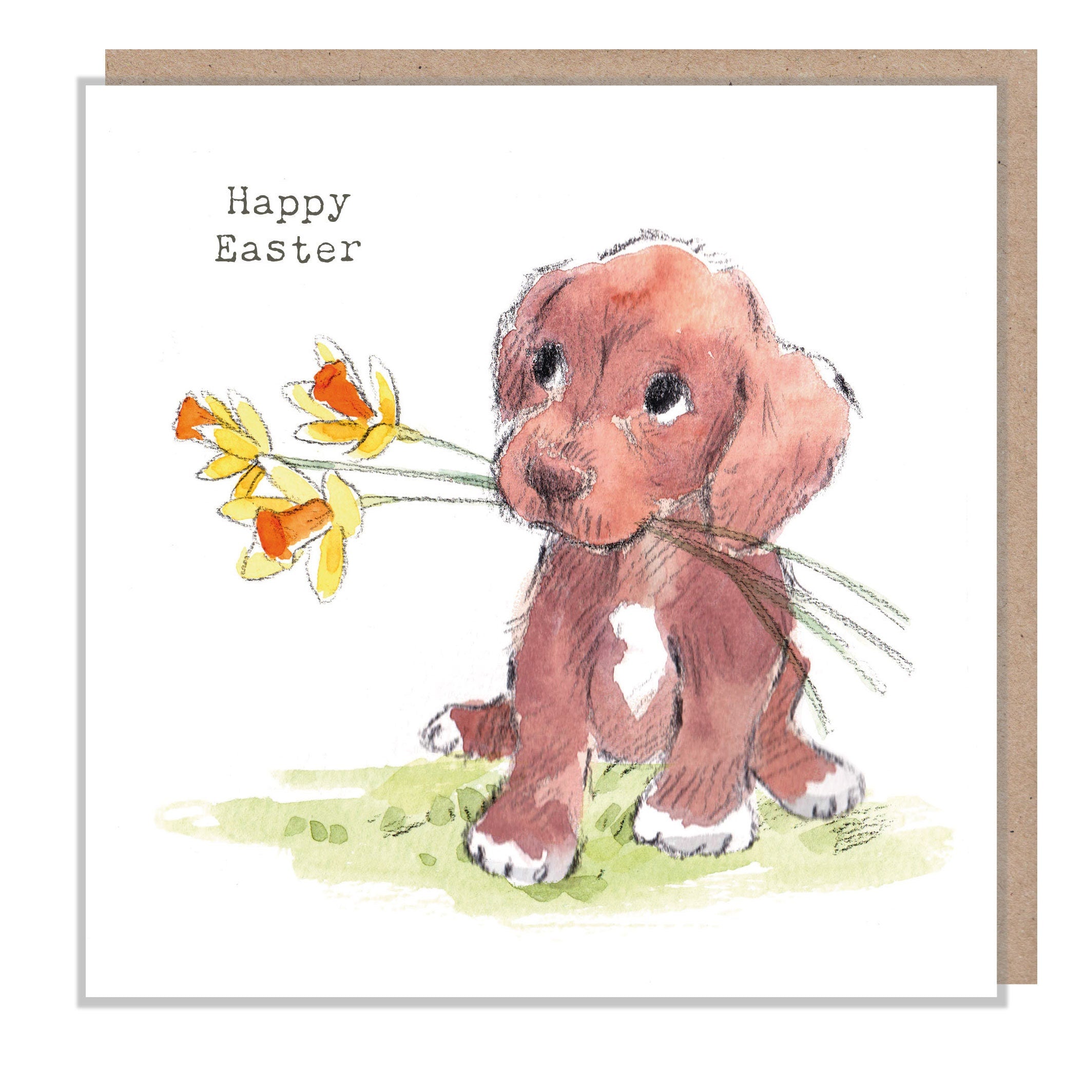 Easter Card , Quality Greeting Card, Cute Brown Puppy , heart warming Illustrations, made in UK, ABEASTER06