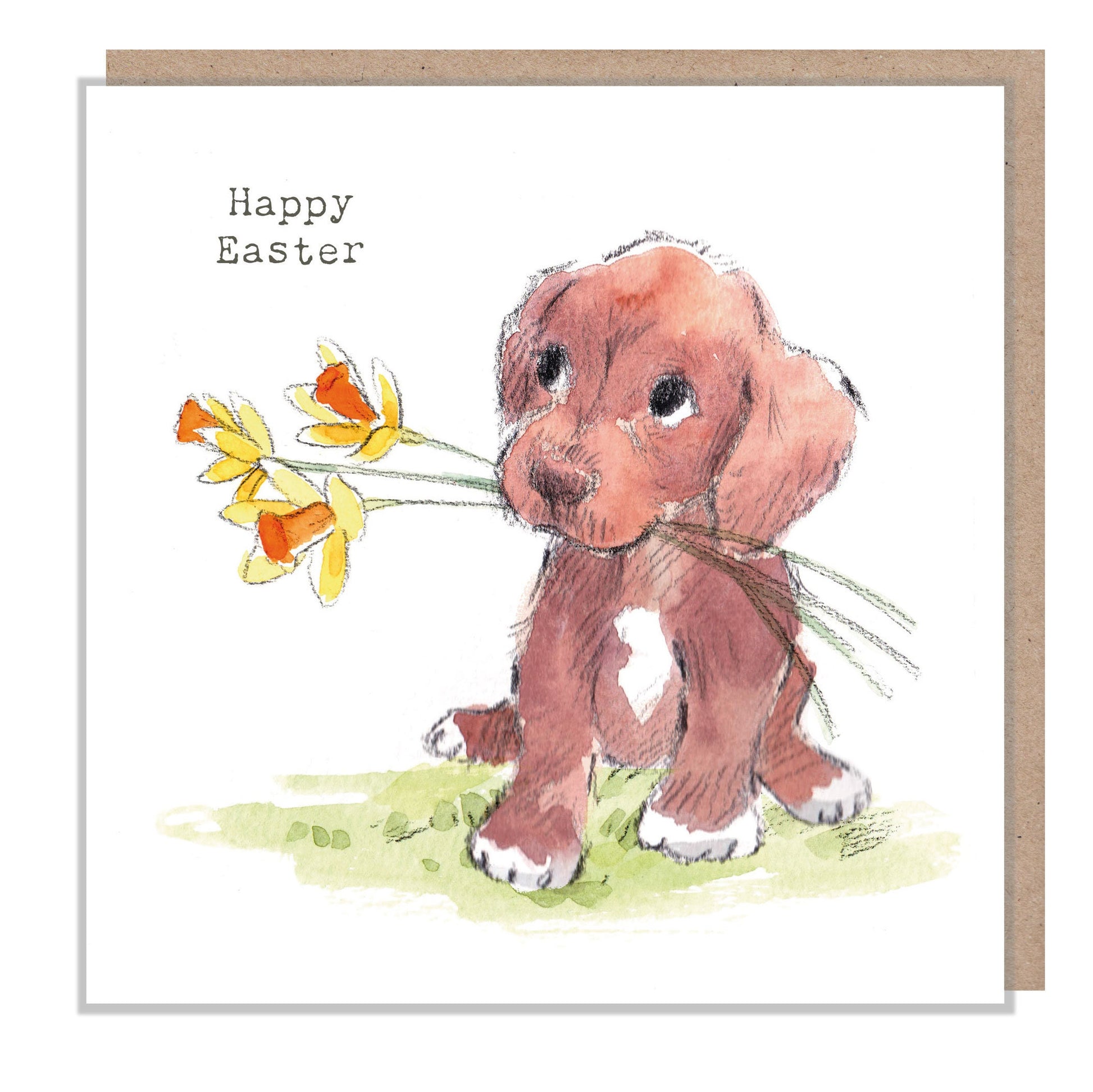 Easter Card , Quality Greeting Card, Cute Brown Puppy , heart warming Illustrations, made in UK, ABEASTER06