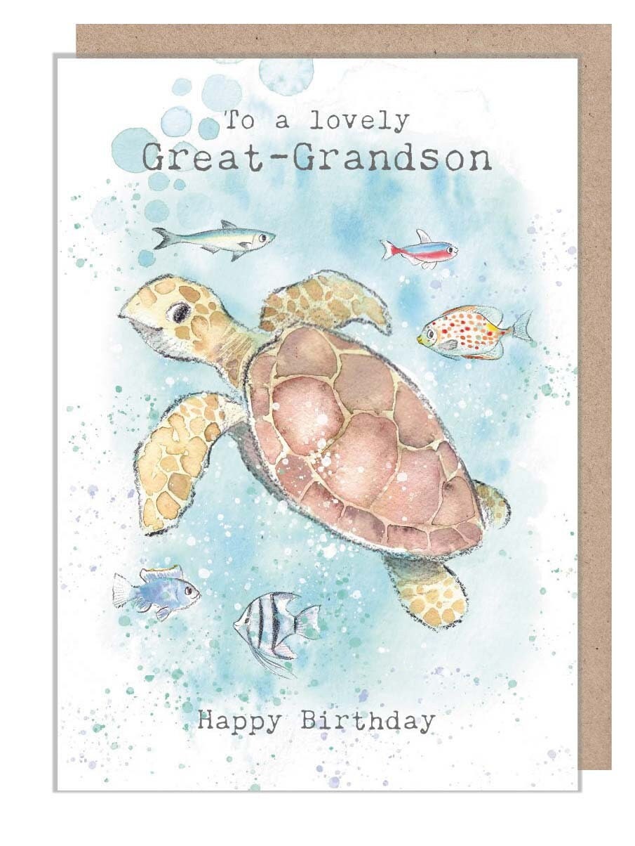 Great Grandson Birthday -  Quality greeting Card - Turtle illustration with fish- 'by the Seashore' range - made in UK  - SEA08