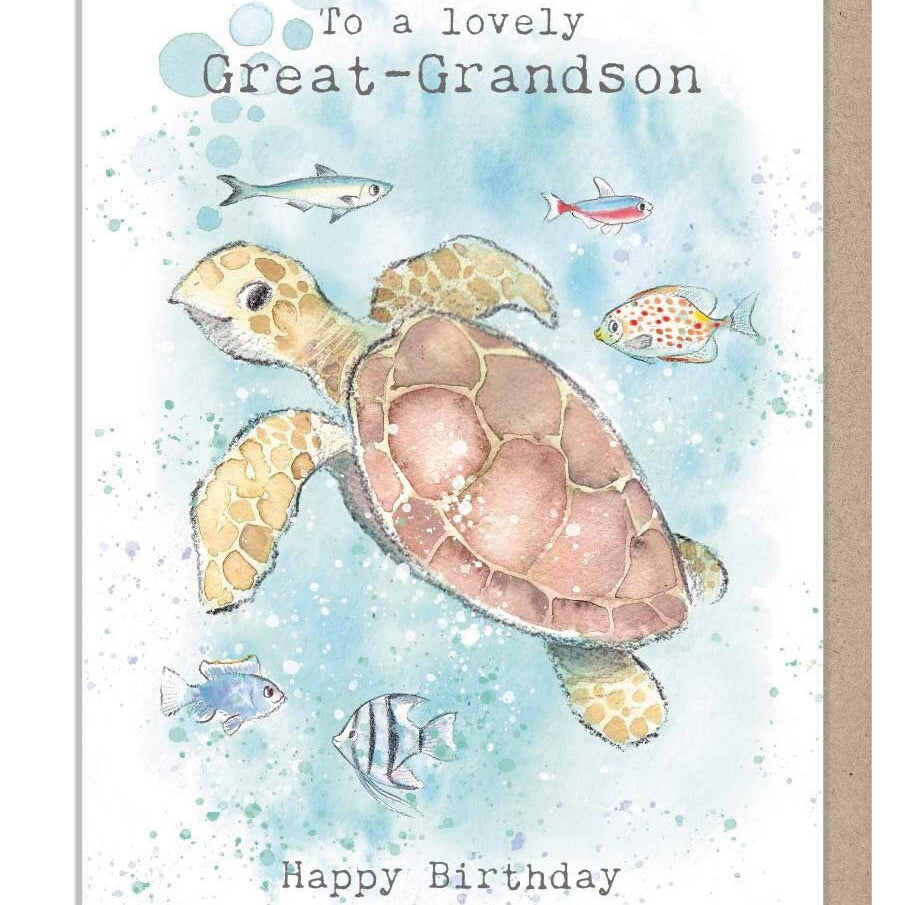 Great Grandson Birthday -  Quality greeting Card - Turtle illustration with fish- 'by the Seashore' range - made in UK  - SEA08