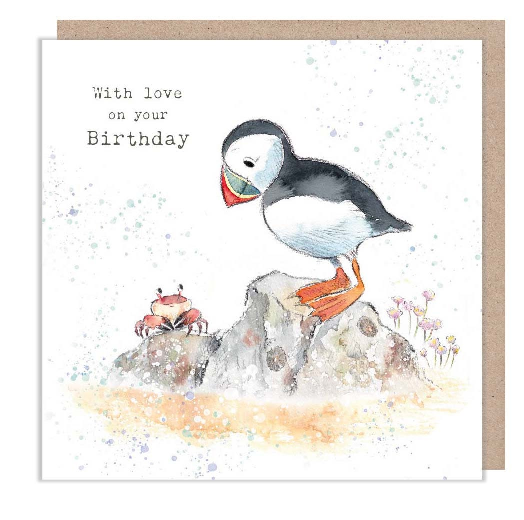 Puffin - With love on your Birthday - Quality greeting Card - Puffin and Crab illustration - 'by the Seashore' range - made in UK  - SEA02