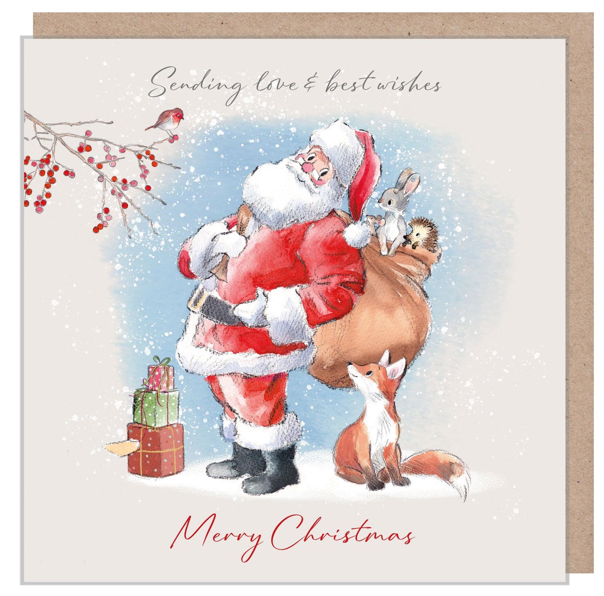 Quality Christmas Card- Love and Best Wishes -150 x 150mm - Santa carrying sack illustration - 'Wintery Tails'  range - Made in UK - WT03