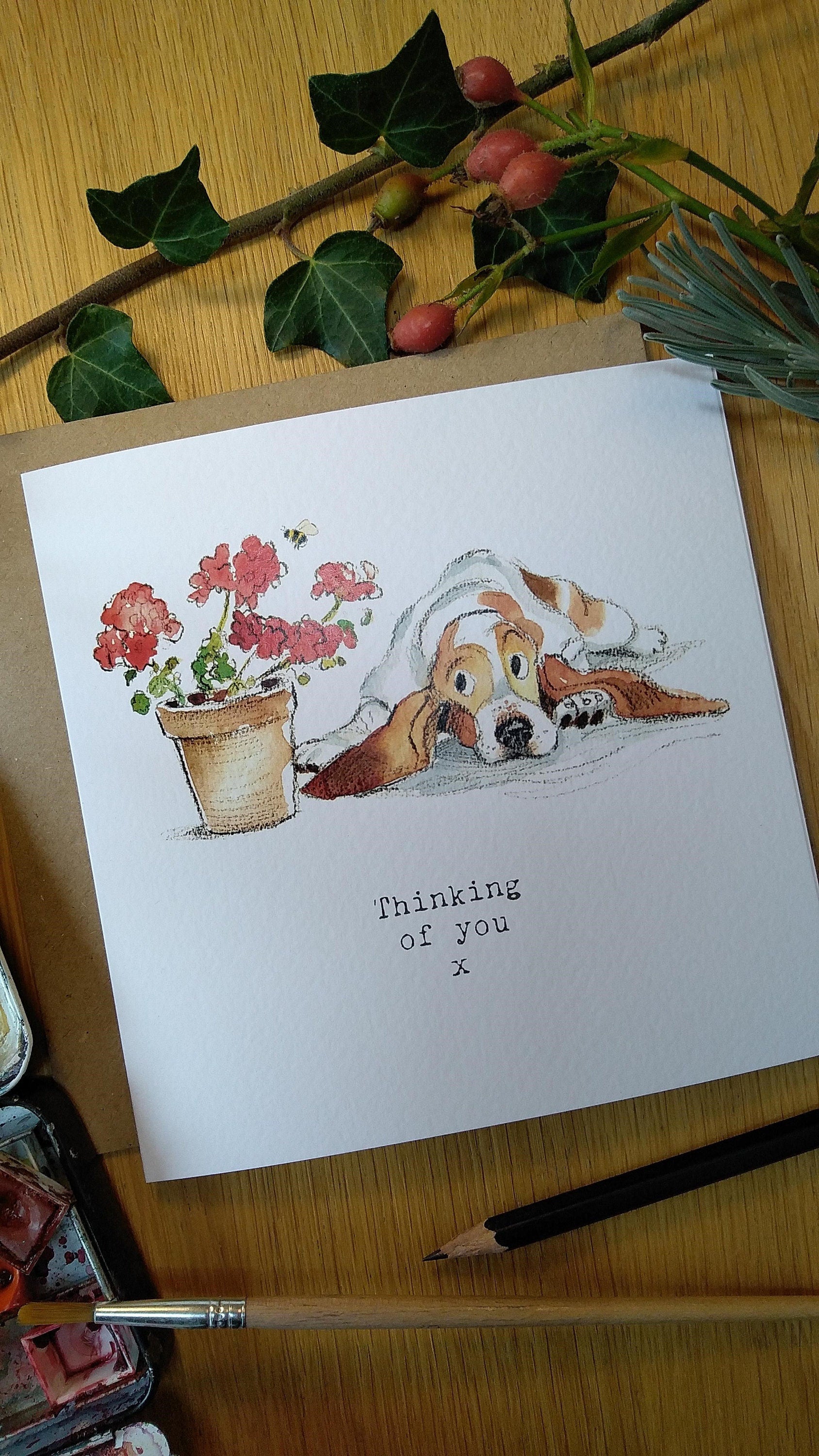 Dog Thinking of you Card - Quality Greeting Card - Charming illustration - 'Absolutely barking' range - Basset hound - Made in UK -  ABE02