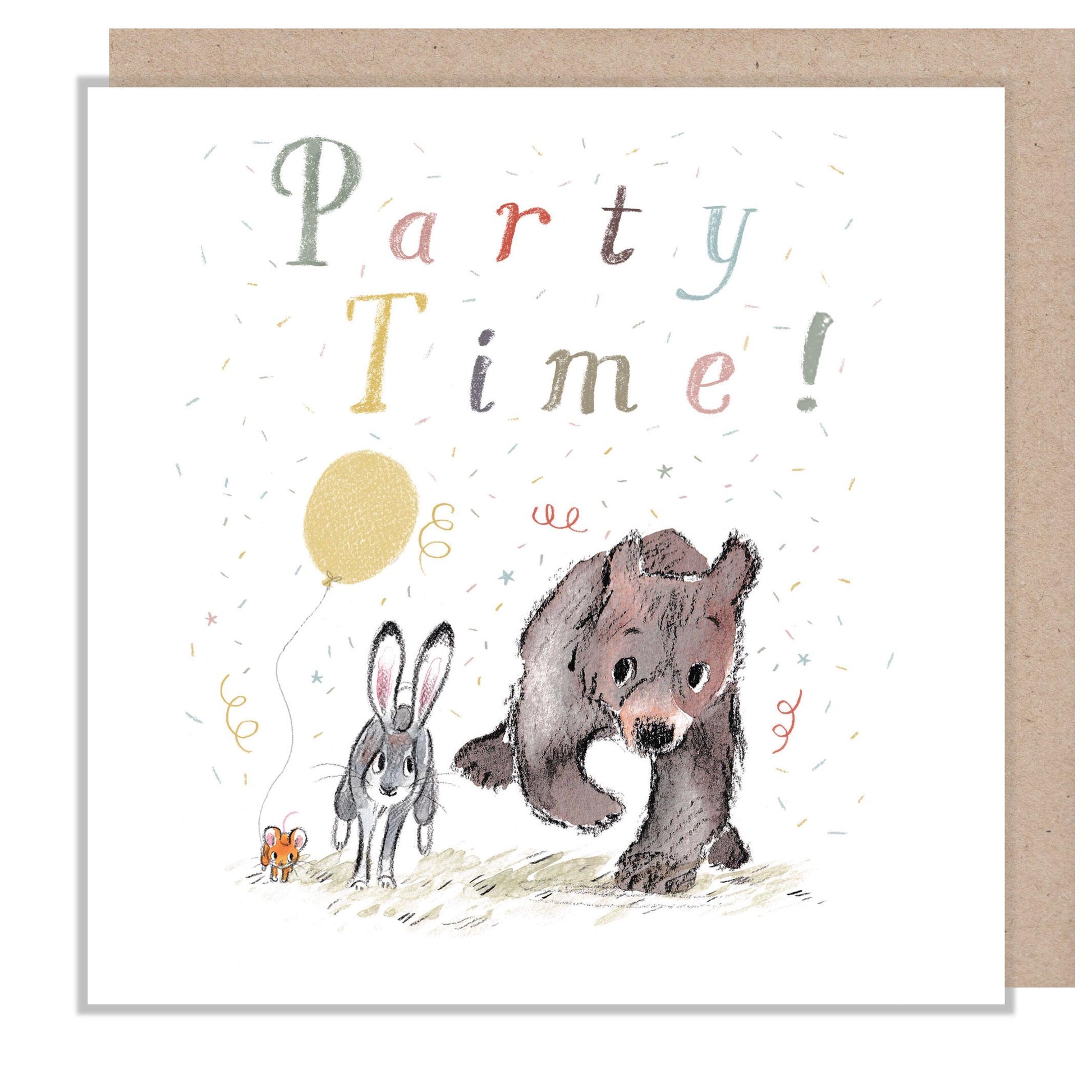 Party Time Greeting Card: Bear, Hare & Mouse Illustration - Made in UK
