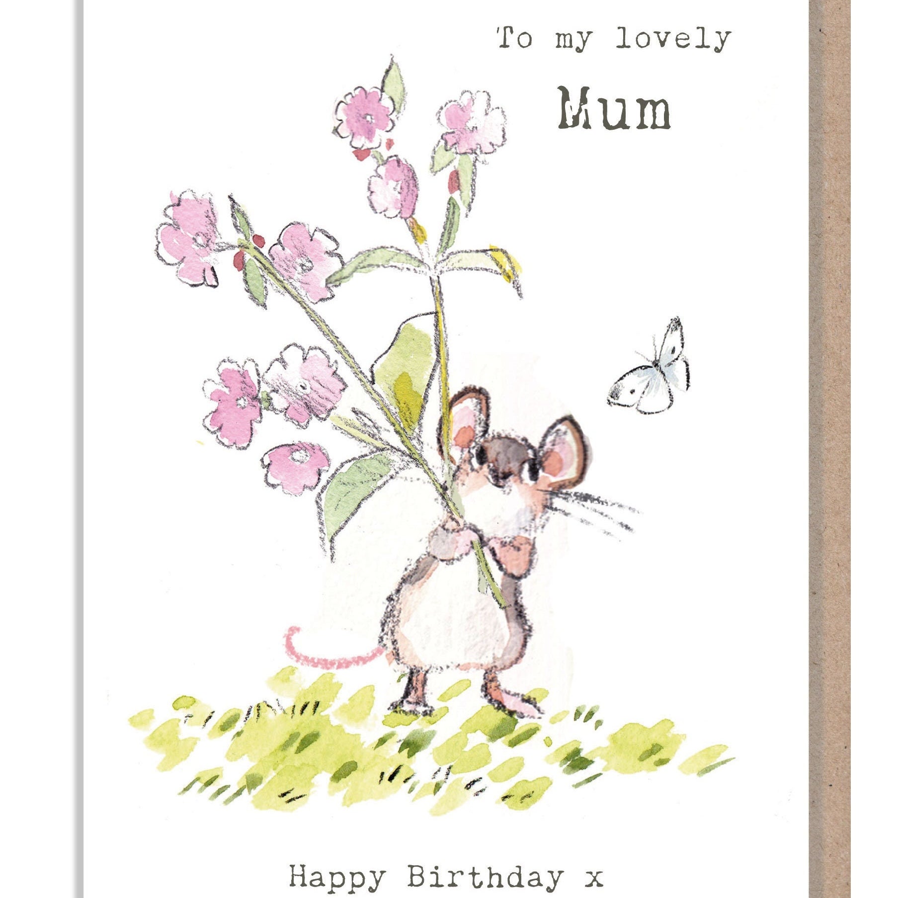 Mum Birthday Card, Cute Mouse with flowers Illustration BWE019