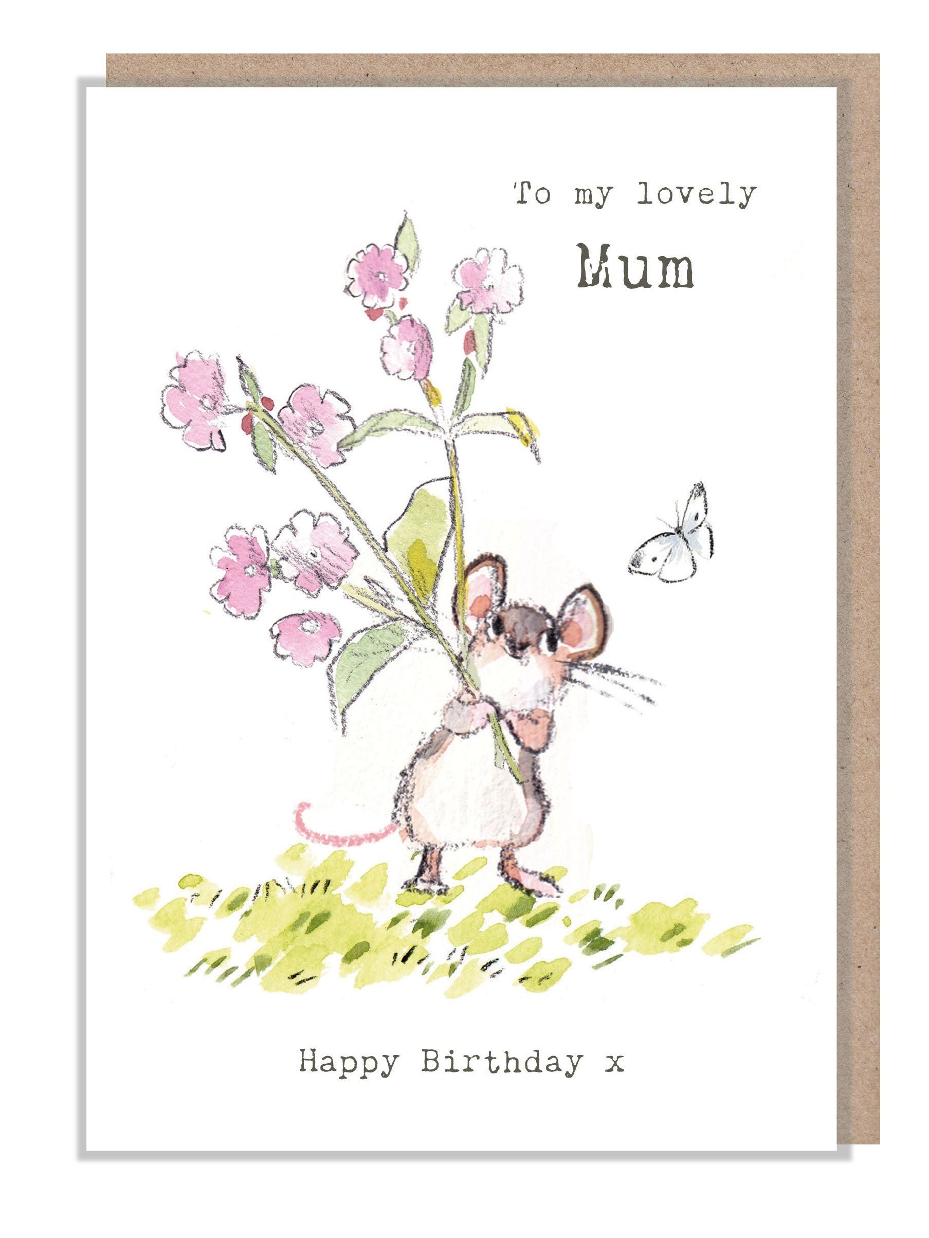 Mum Birthday Card, Cute Mouse with flowers Illustration BWE019