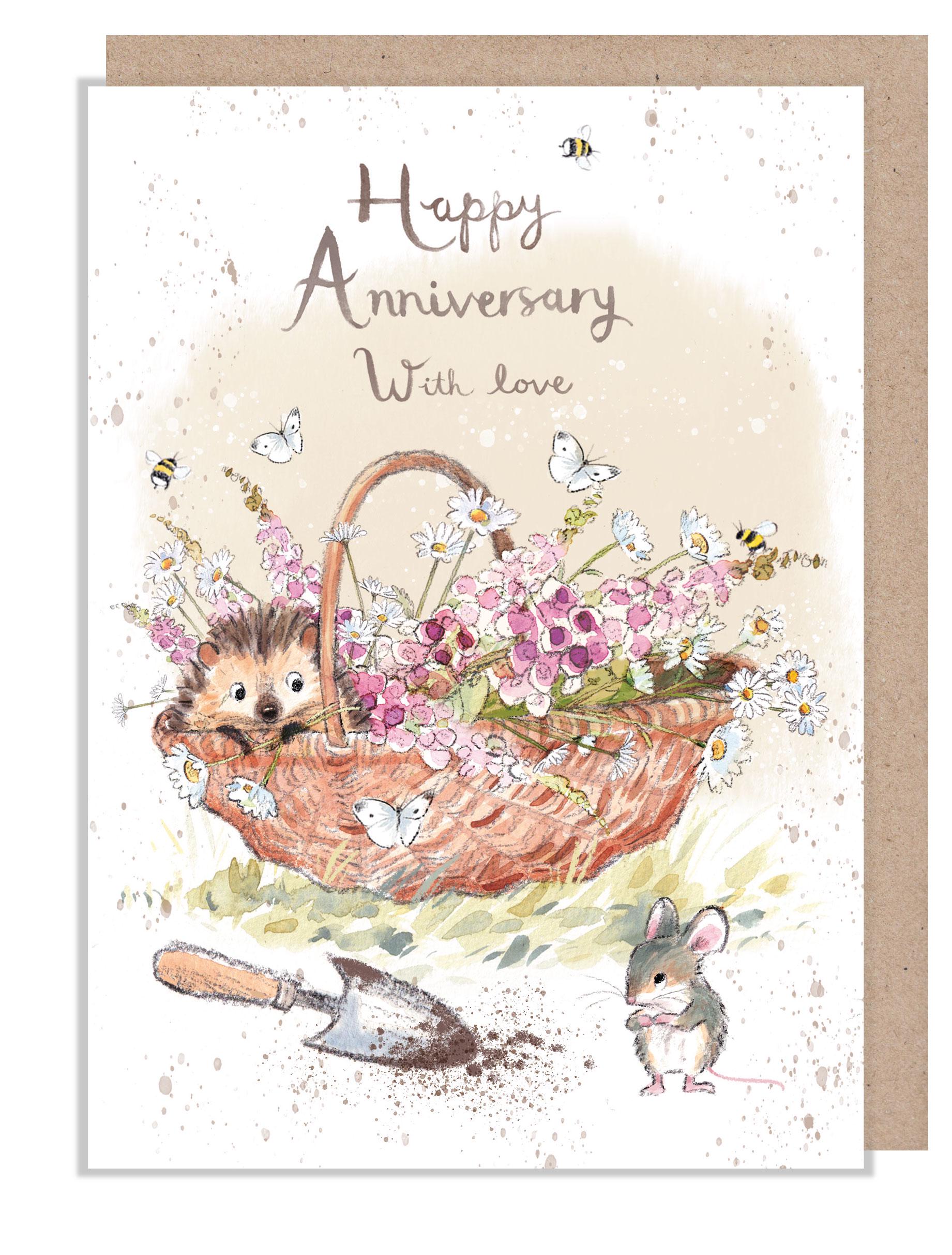 Anniversary Card - Quality Card - Charming illustration - Hedgehog in Flower basket - 'Morris and Maude' range - Made in UK -  MME019