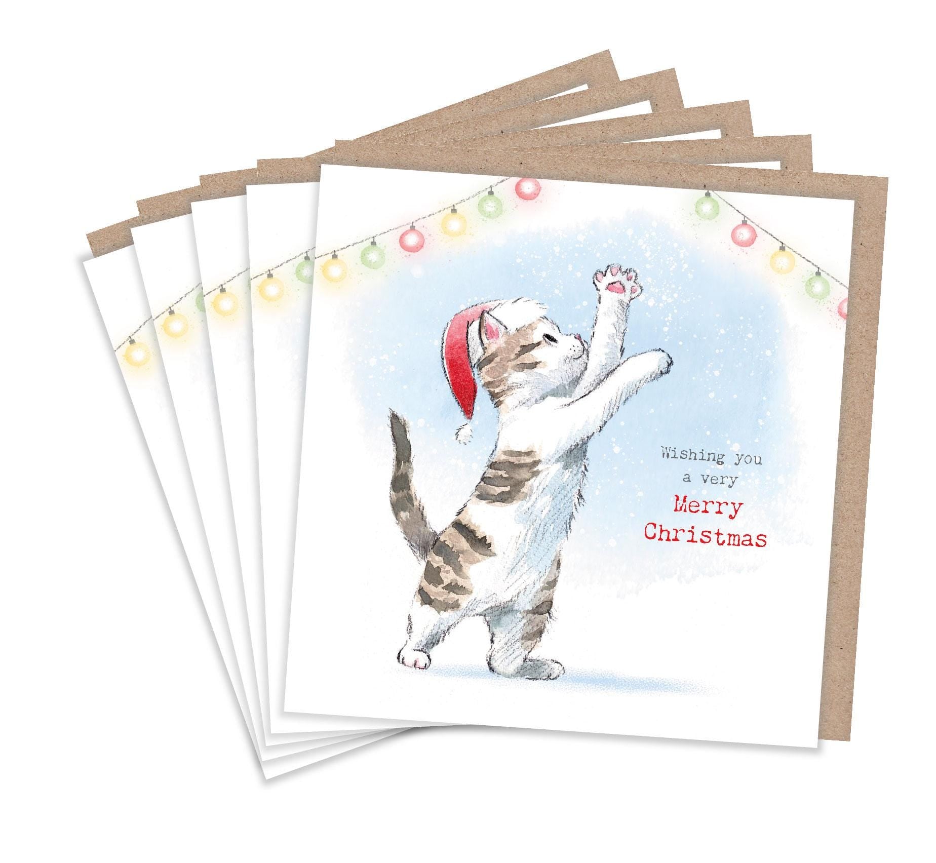 Christmas Card pack 5 small quality cards with brown recycled envelopes -125 x 125mm-  one design - Cute kitten with fairy lights - XPACK011