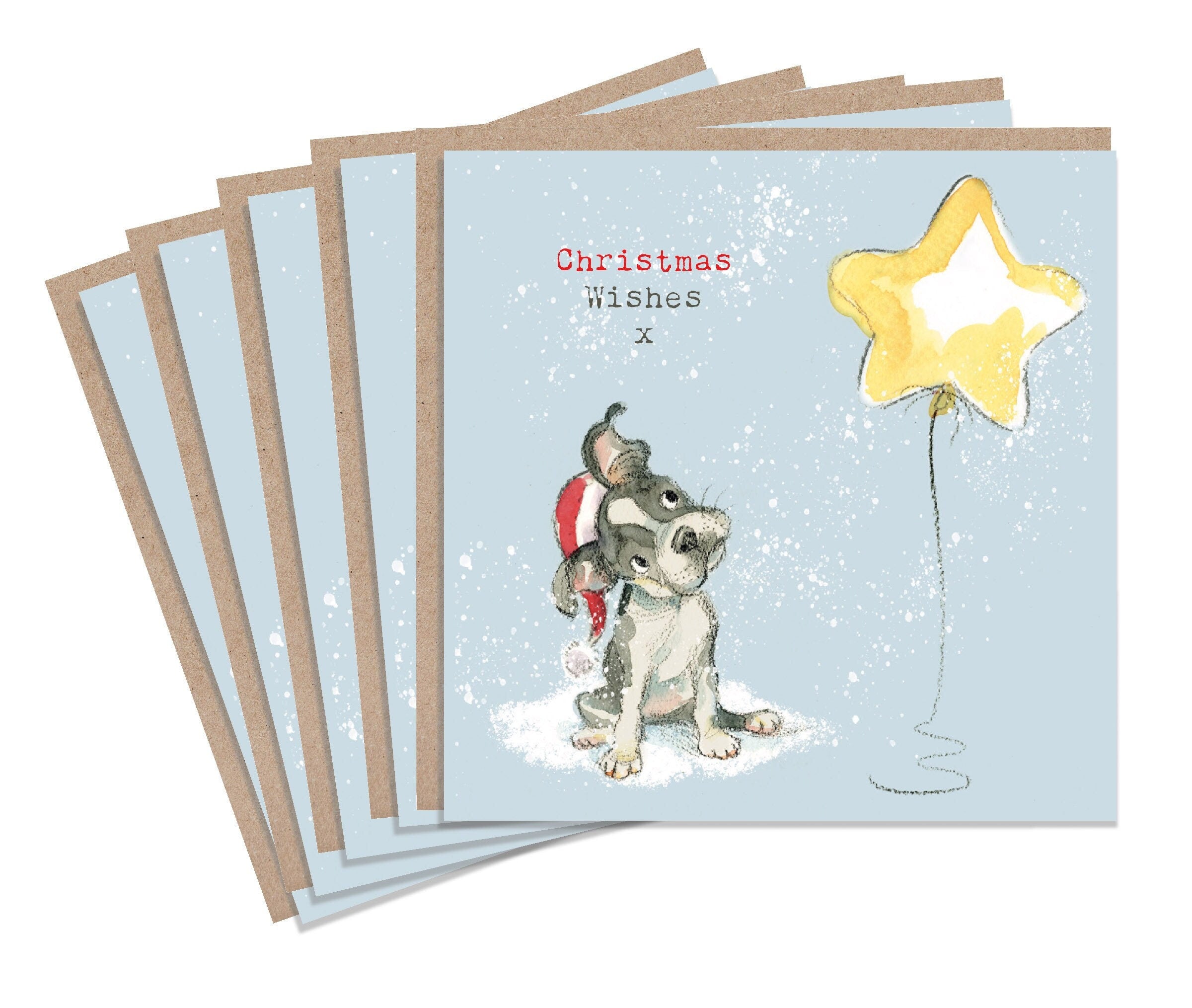 5 Quality Christmas Cards - 1 design 5 Cards  - 150mm x150mm - dog cards - Bull dog type Illustration - Made in UK -no plastic