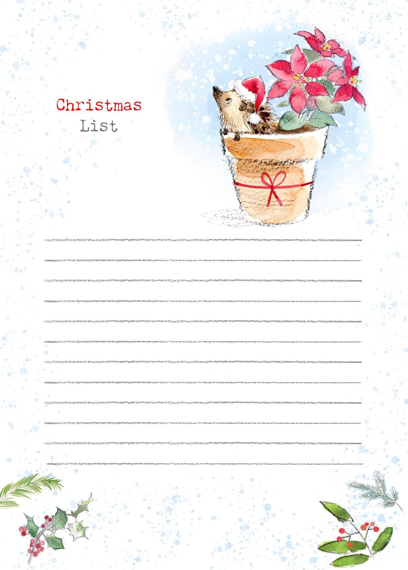 Christmas Notepad - A6 size - Christmas List - charming Hedgehog Illustration - made in the UK - XNOTE04