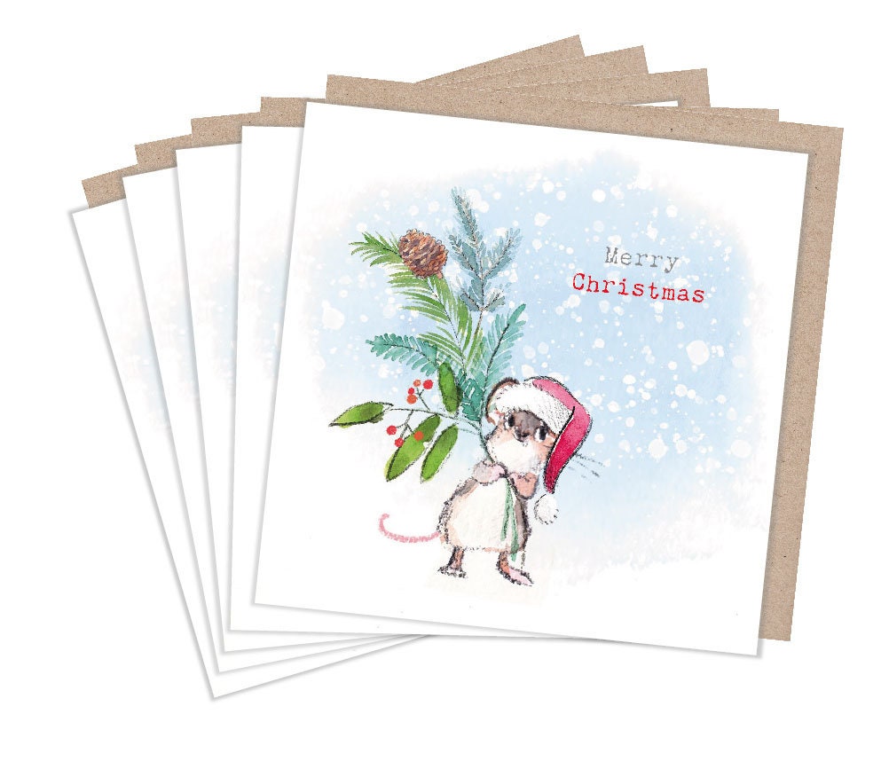 Christmas Card pack - 5 small quality cards with brown recycled envelopes -125 x 125mm-  one design - Cute Mouse -  XPACK06