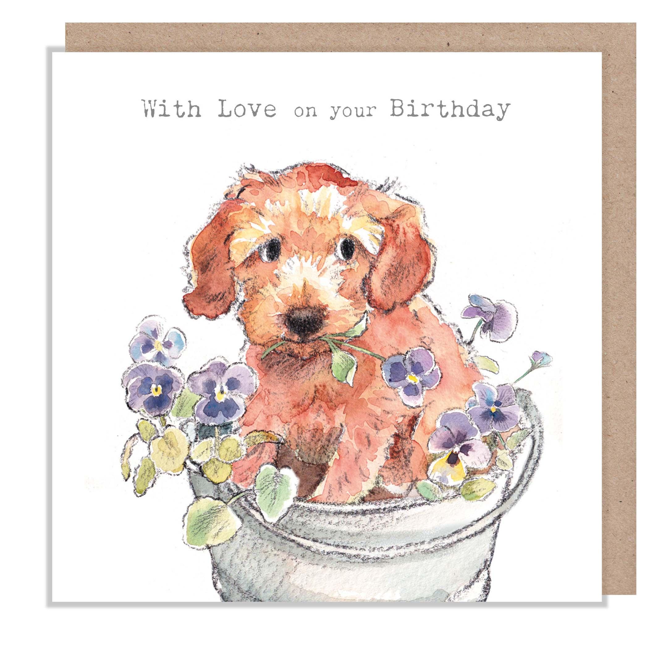 Birthday Card - Quality Greeting Card - Charming Dog illustration - 'Absolutely barking' range - Puppy in Pansy pot  - Made in UK - ABE101