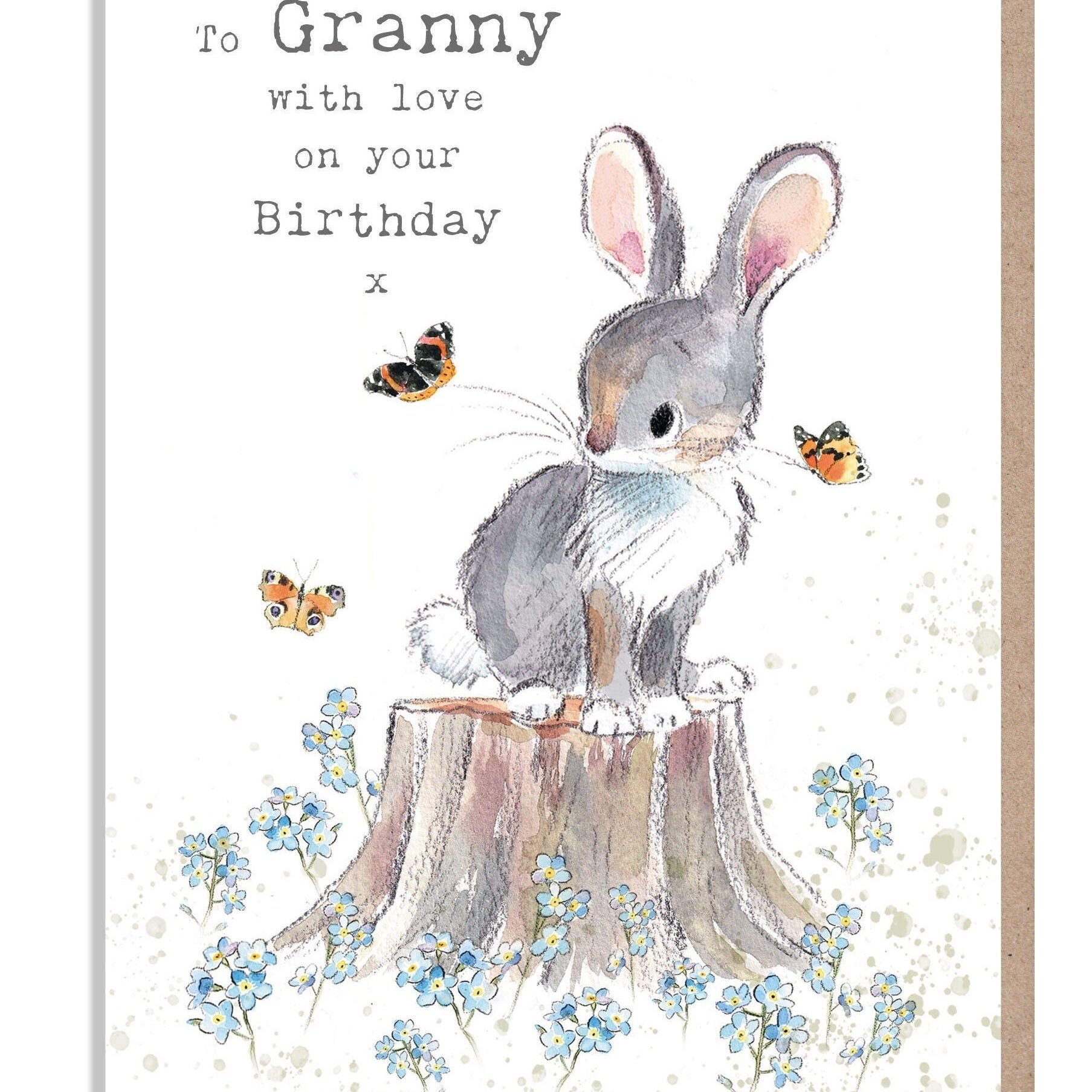 Granny birthday card - Cute Rabbit with 'forget me nots' and Butterflies Illustration BWE020