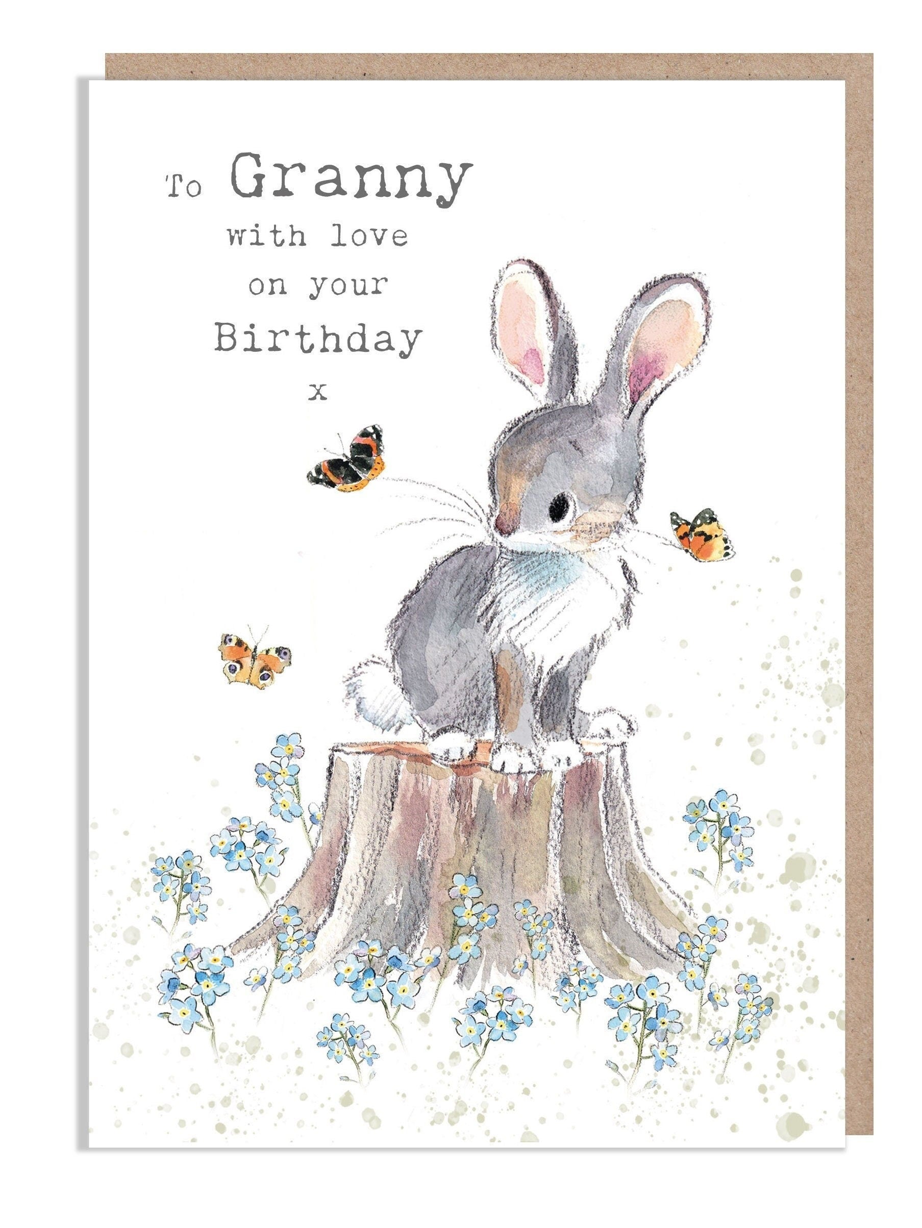 Granny birthday card - Cute Rabbit with 'forget me nots' and Butterflies Illustration BWE020