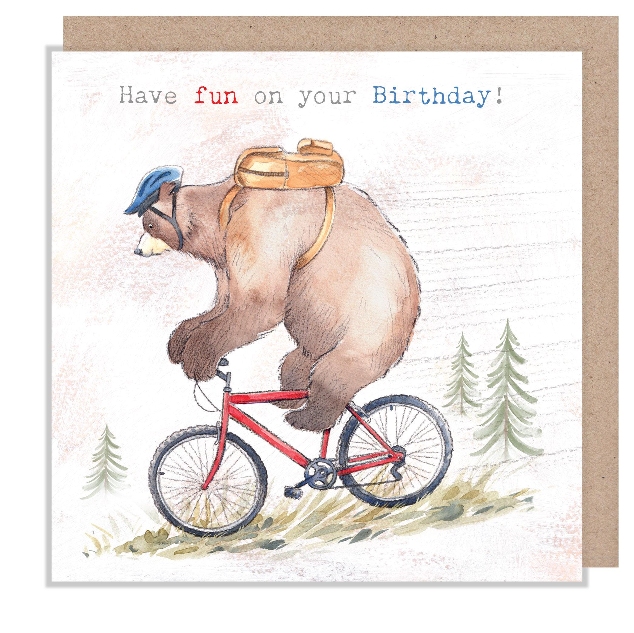Bear Birthday Card: Fun Bike Illustration, Made in UK