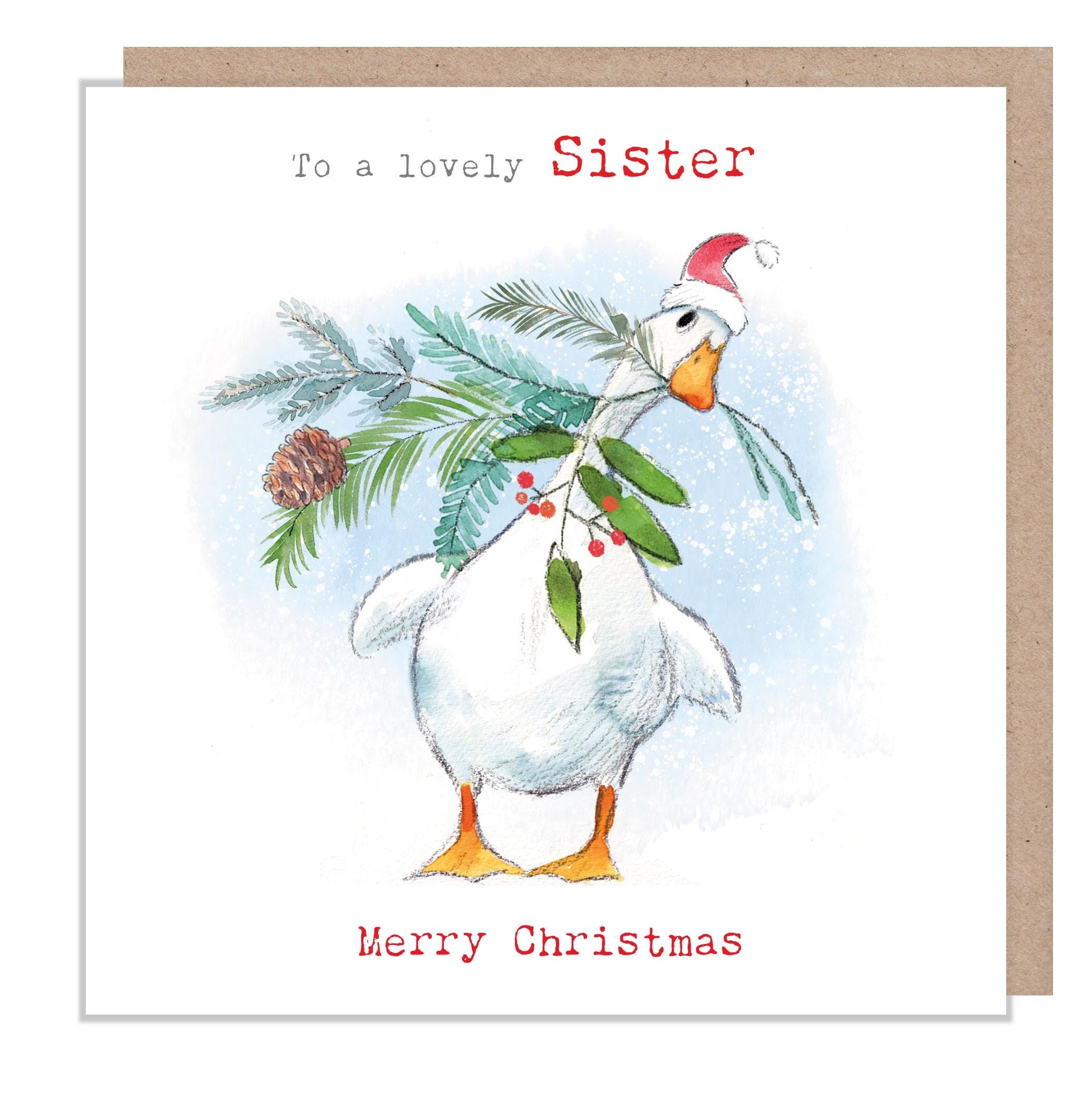 To a lovely Sister -Quality Christmas Card - White Duck and Foliage Illustration - 'Down by the river' range - Made in UK -  RIVX06