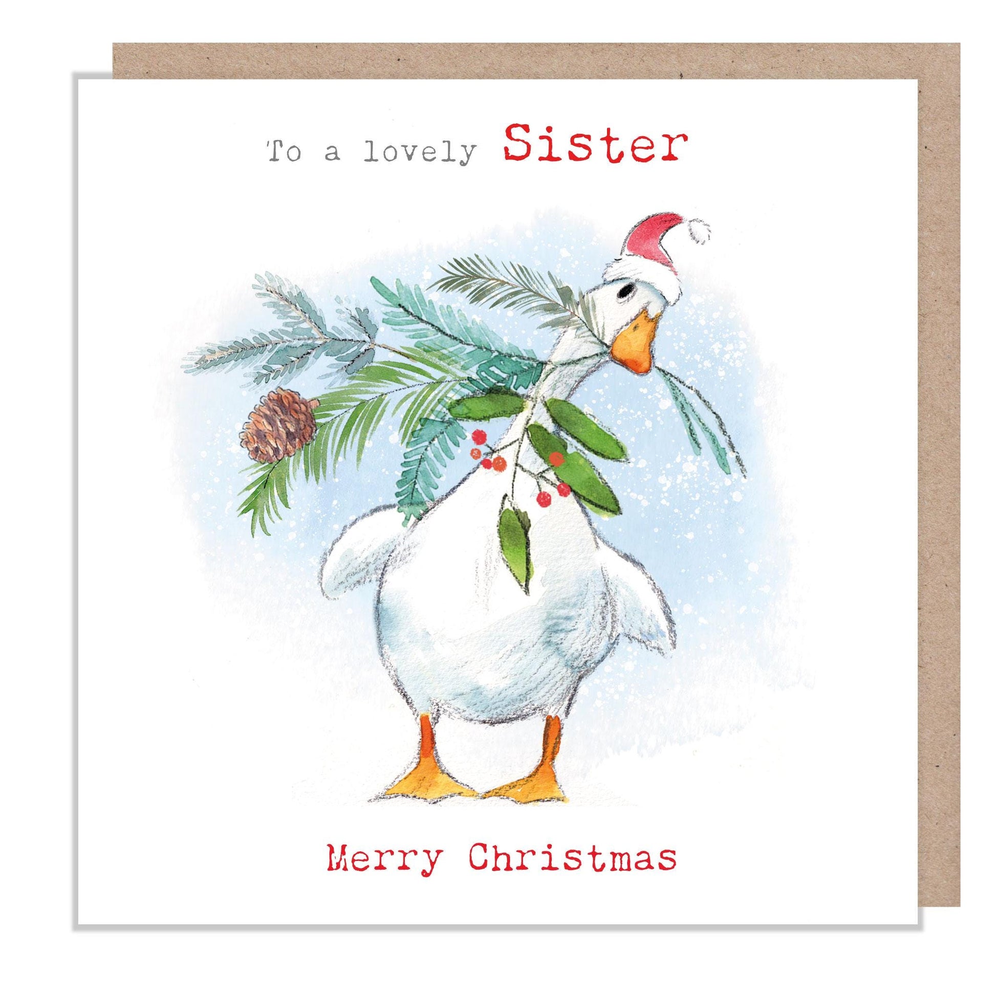To a lovely Sister -Quality Christmas Card - White Duck and Foliage Illustration - 'Down by the river' range - Made in UK -  RIVX06