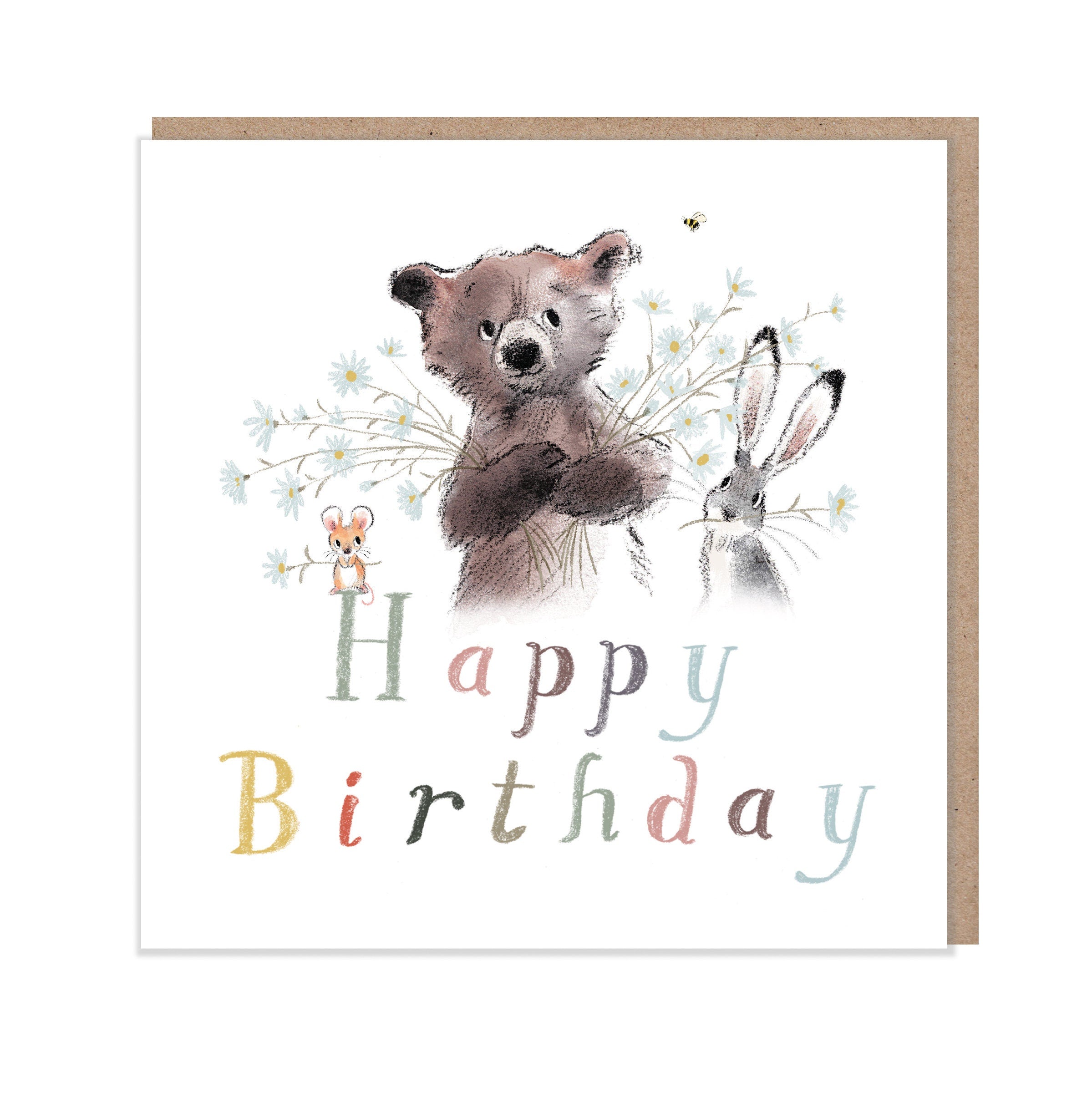 Happy Birthday, Quality Greeting Card, 'the Bear, the Hare, and the Mouse' , heart warming Illustrations, made in UK, no plastic, BHME05