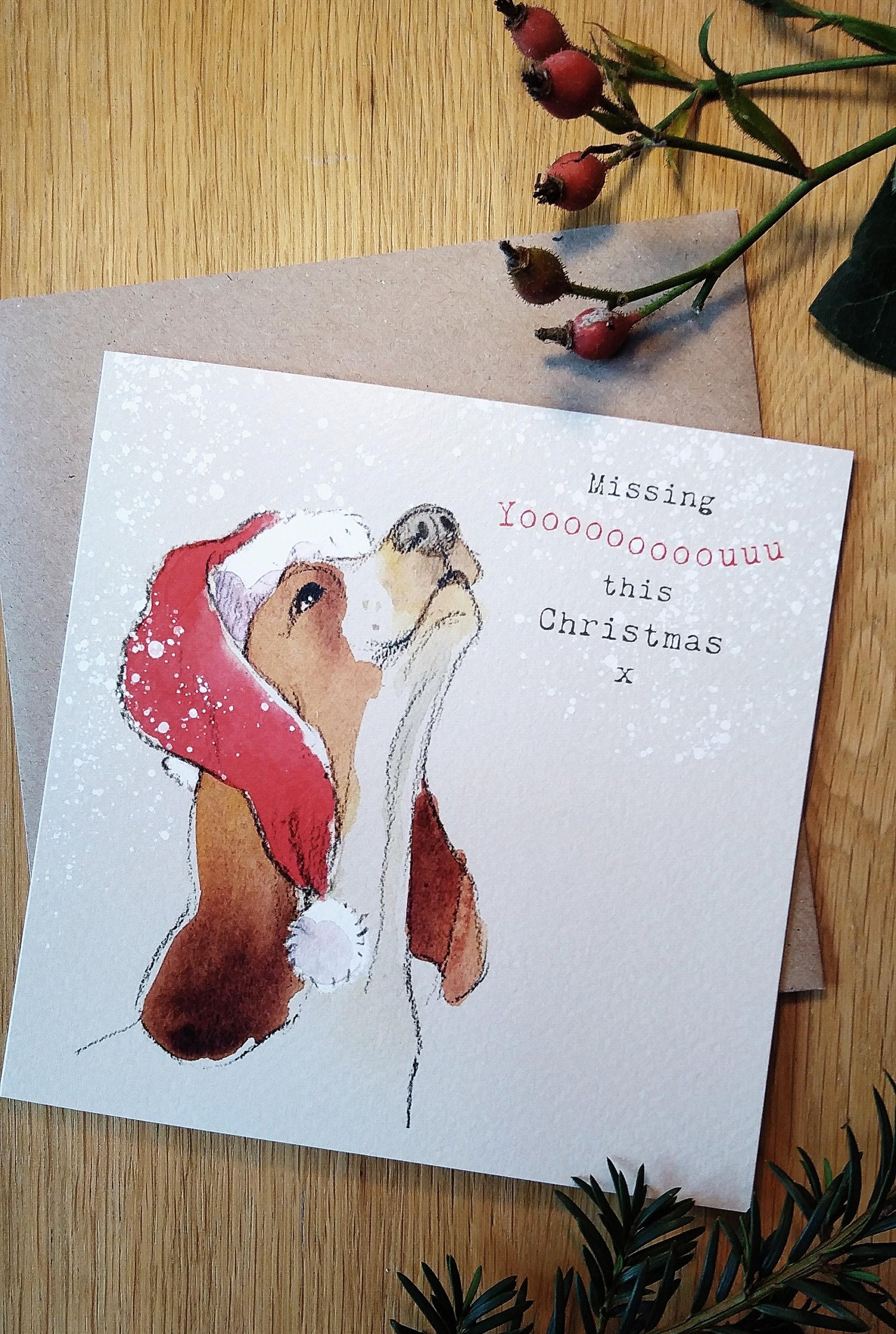 Missing you Christmas Card - Quality Greeting Card - Charming illustration - 'Absolutely barking' range - Howling dog - Made in UK -  ABE05