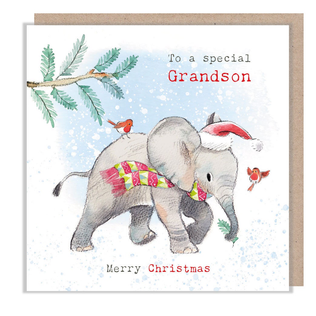 Grandson - Quality Christmas Card - 150 x 150mm - Charming Elephant illustration - 'Wonderfully Wild'  range - Made in UK -  WWX018