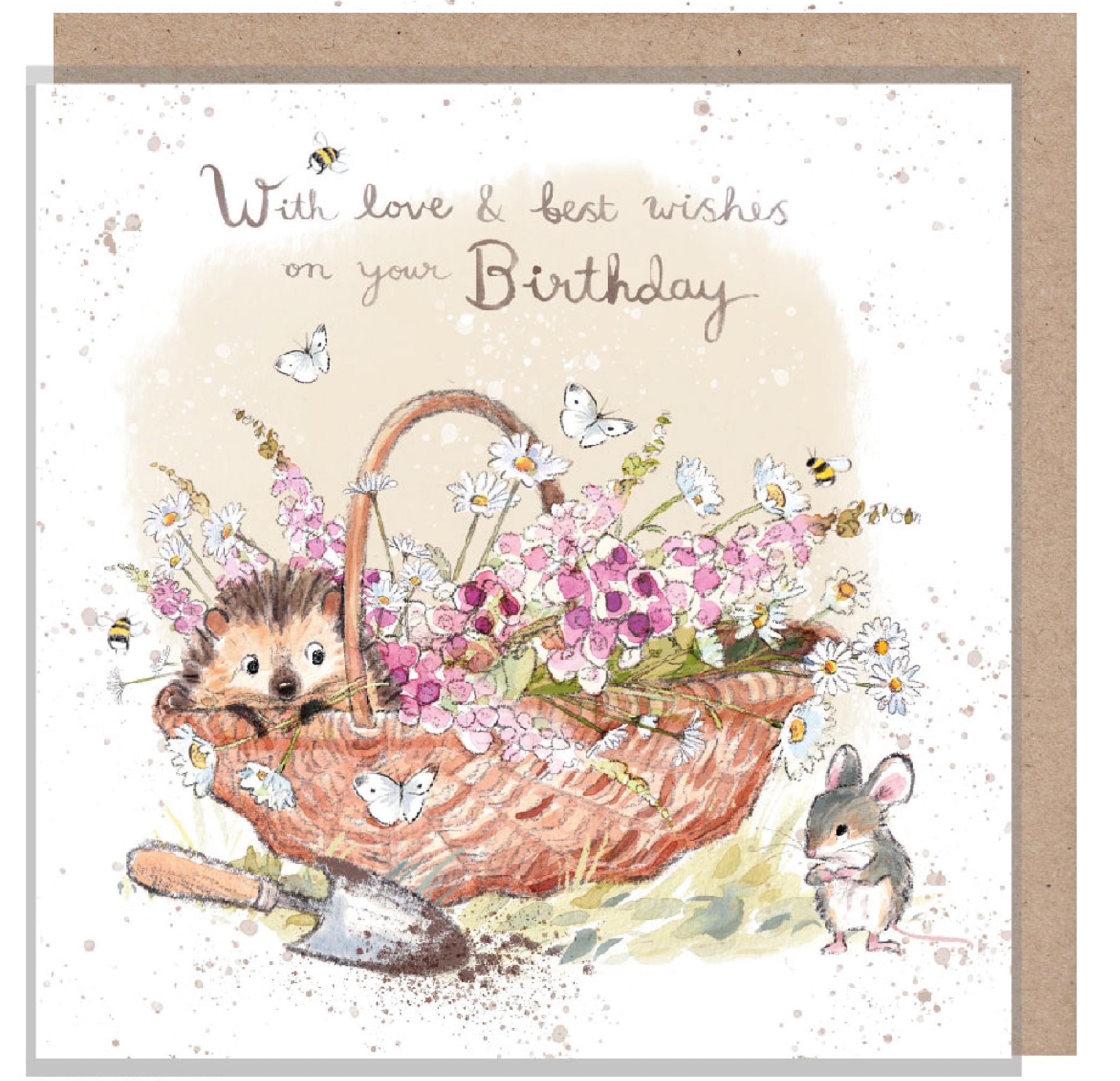 Birthday Card - Quality Card - Charming illustration - Hedgehog in Flower basket - 'Morris and Maude' range - Made in UK -  MME02