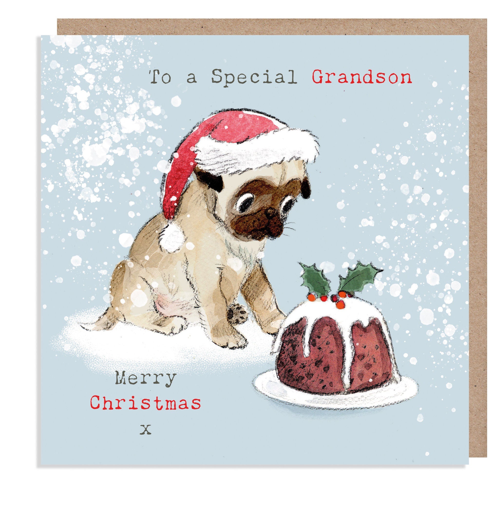 GRANDSON Christmas Card - Quality Christmas Card - Charming Pug illustration - 'Absolutely barking' range- Made in UK -  ABX013