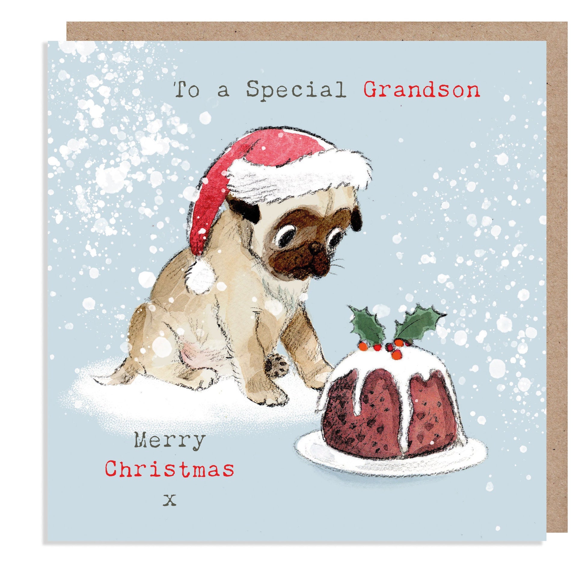 GRANDSON Christmas Card - Quality Christmas Card - Charming Pug illustration - 'Absolutely barking' range- Made in UK -  ABX013
