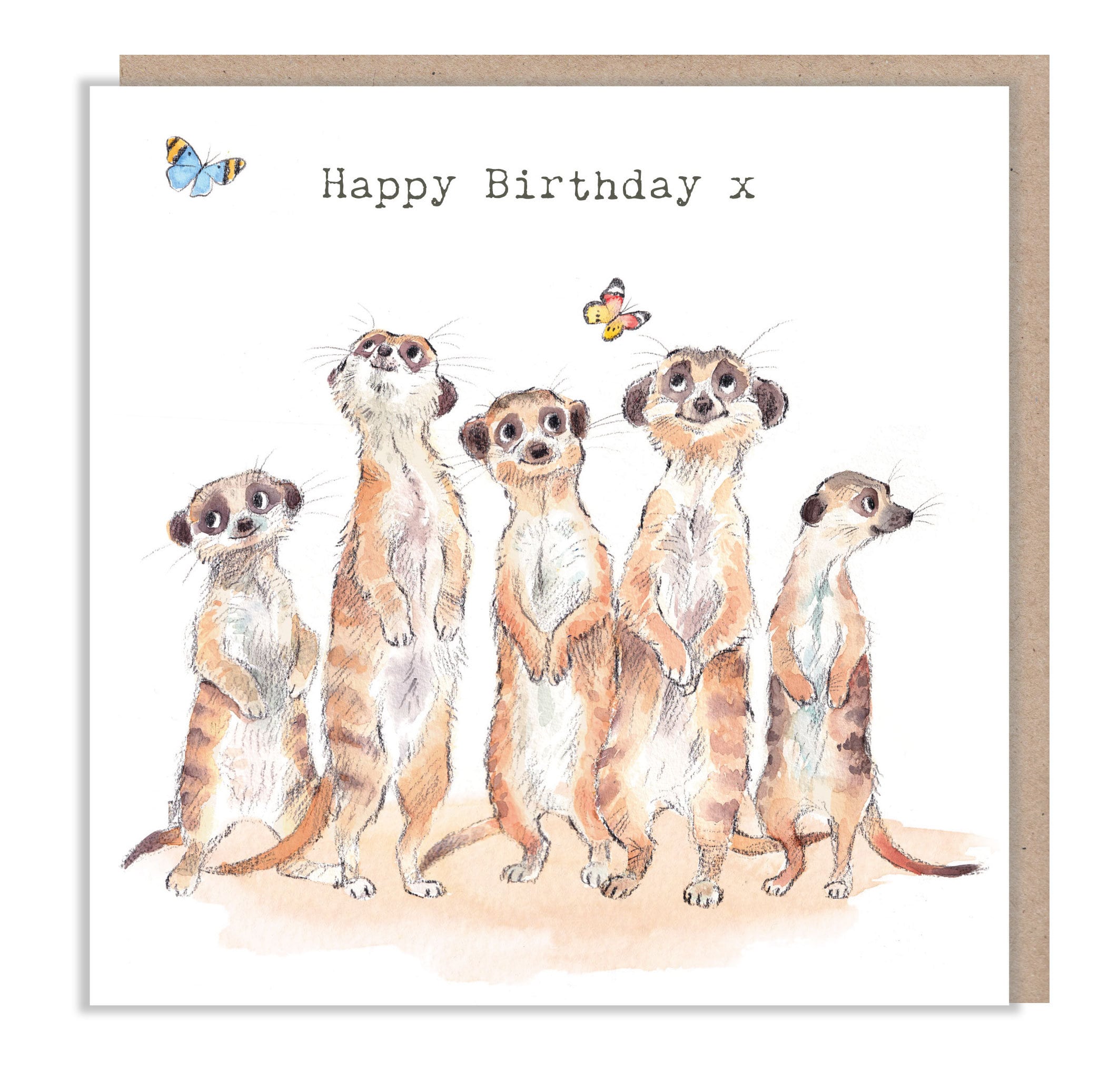 Meercats Birthday Card - Charming illustration - Meercats and butterflies - 'Wonderfully Wild'  range - Made in UK -  WWE02
