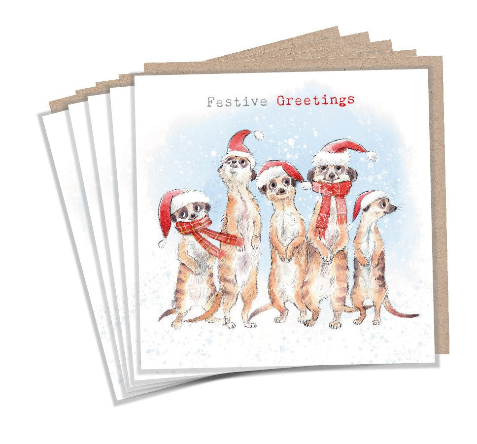 Christmas Card pack - 5 small quality cards with brown recycled envelopes -125 x 125mm-  one design - Cute Meerkats -  XPACK09