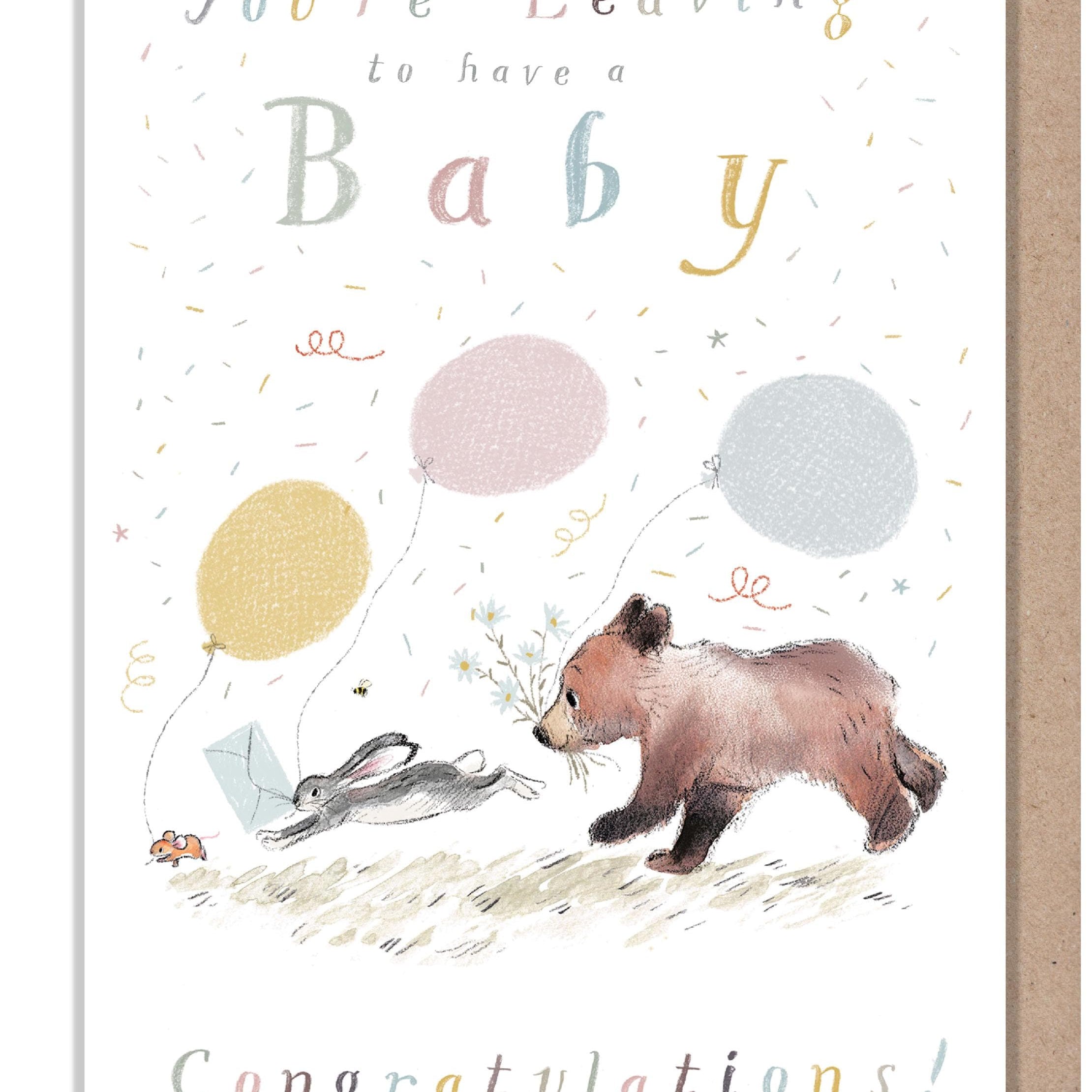 Giant Greeting Card! - Extra Large Card A4 - 210 x 297 mm - Leaving to have a baby  - Bear, Hare, Mouse - XL07