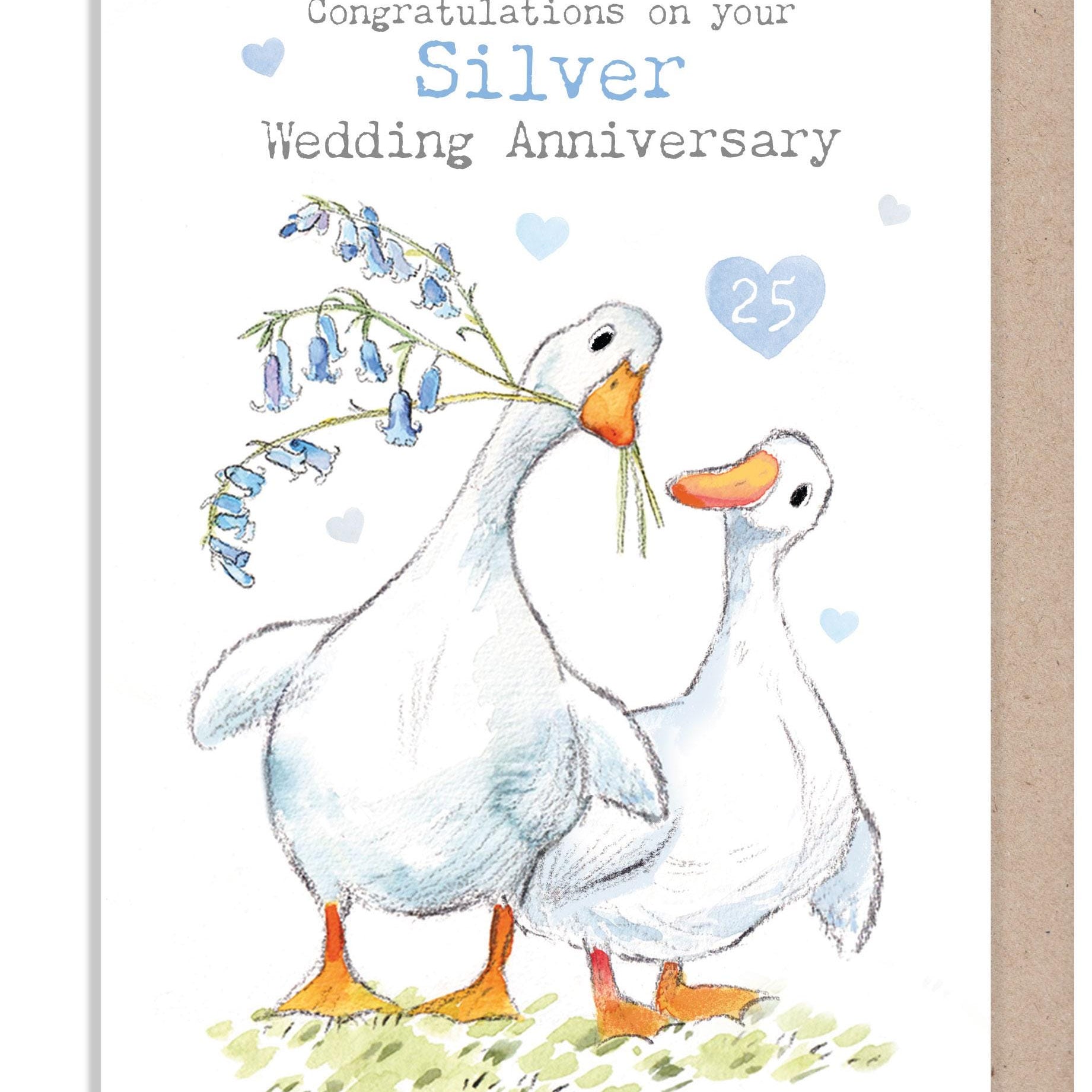 Silver Wedding Anniversary card - Quality Greeting Card- 25 years - Ducks with bluebells - 'Down by the river'  range - Made in UK -  RIV018