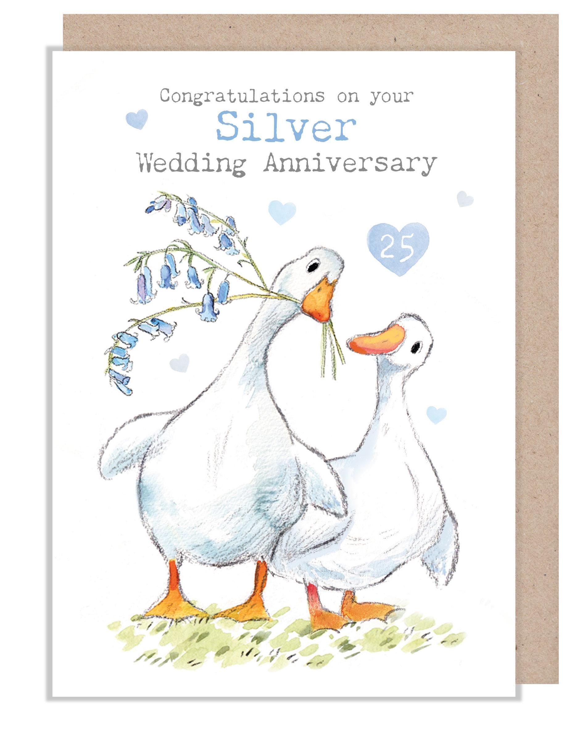 Silver Wedding Anniversary card - Quality Greeting Card- 25 years - Ducks with bluebells - 'Down by the river'  range - Made in UK -  RIV018