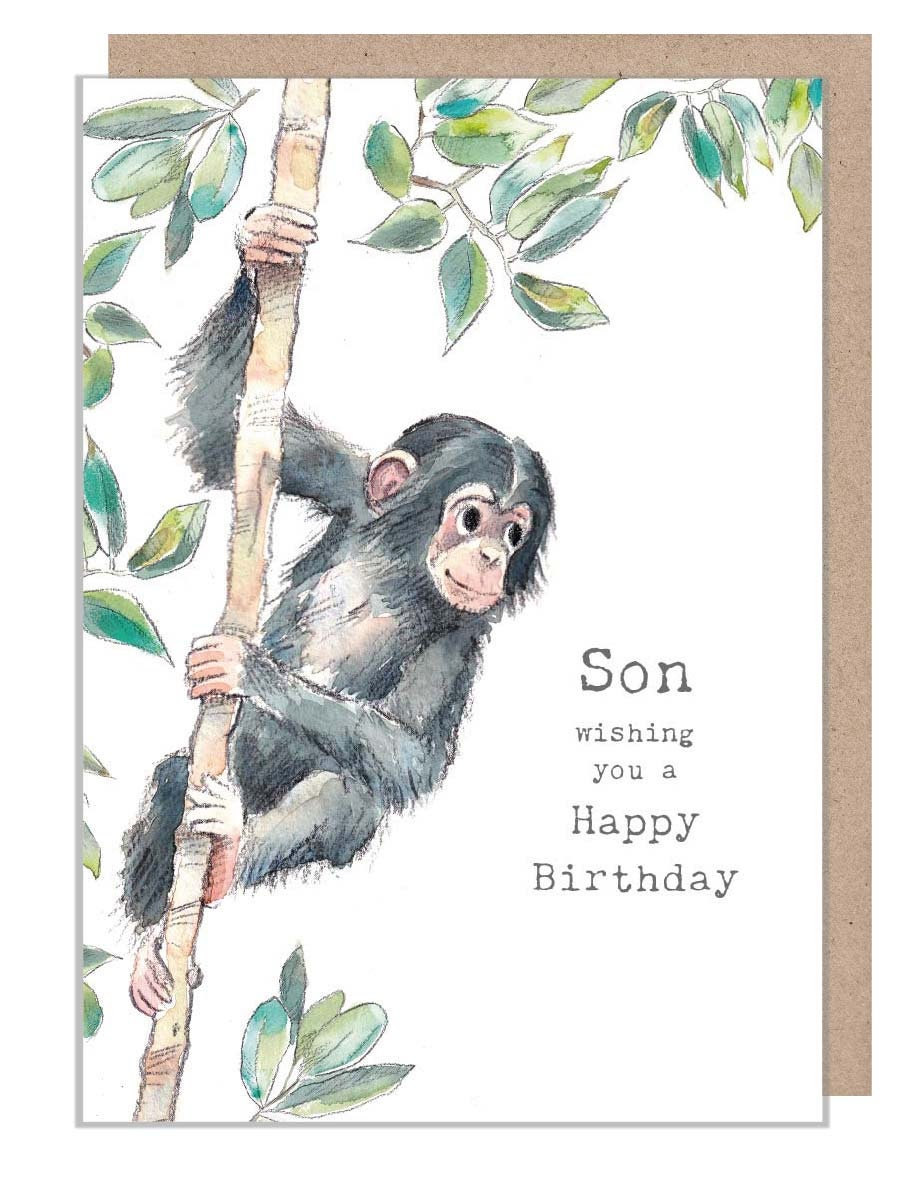 Son Birthday card - Charming illustration - Climbing chimp - 'Wonderfully Wild'  range - Made in UK -  WWE018