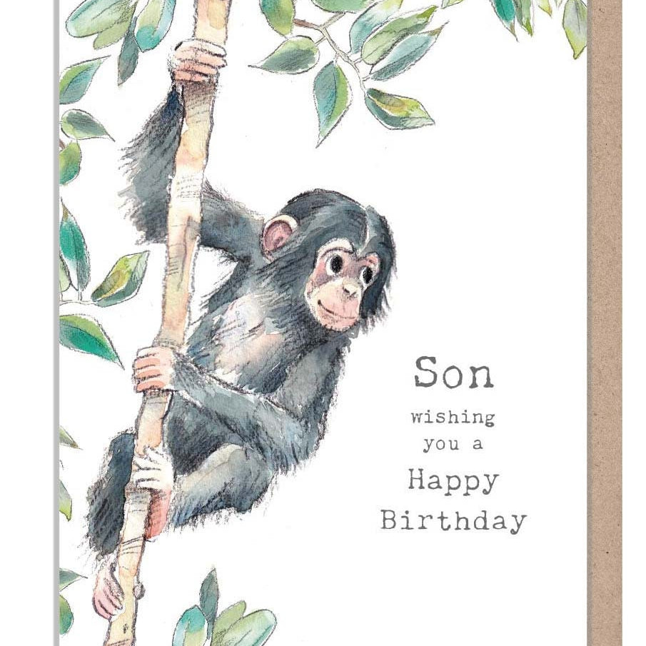 Son Birthday card - Charming illustration - Climbing chimp - 'Wonderfully Wild'  range - Made in UK -  WWE018