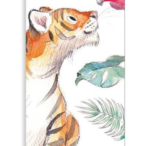 Bookmark with Ribbon - Tiger with Parrott and foliage Illustration BM03