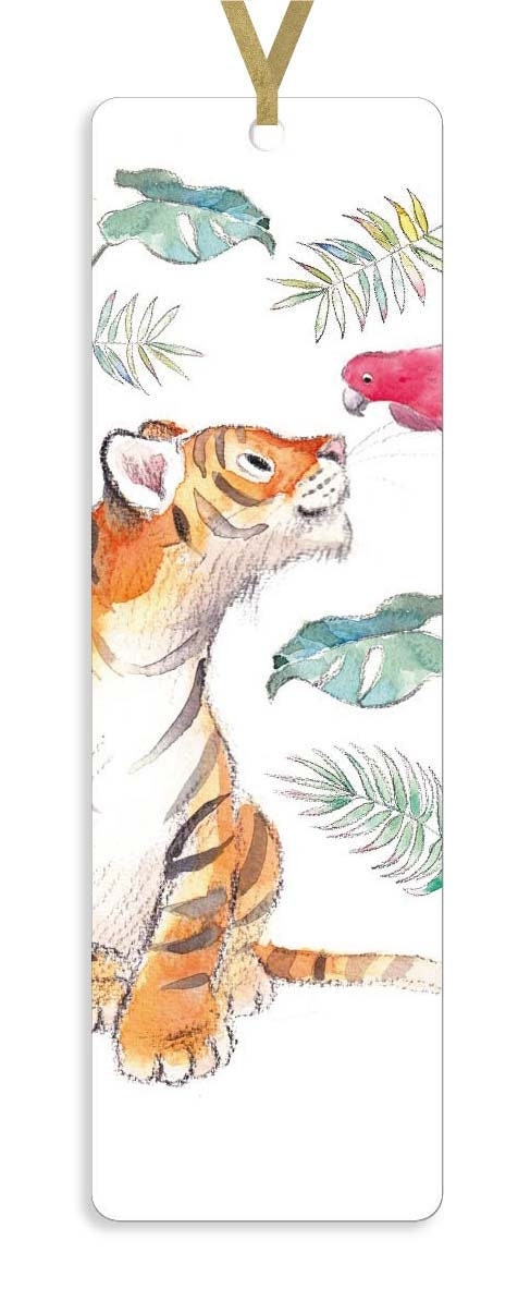 Bookmark with Ribbon - Tiger with Parrott and foliage Illustration BM03