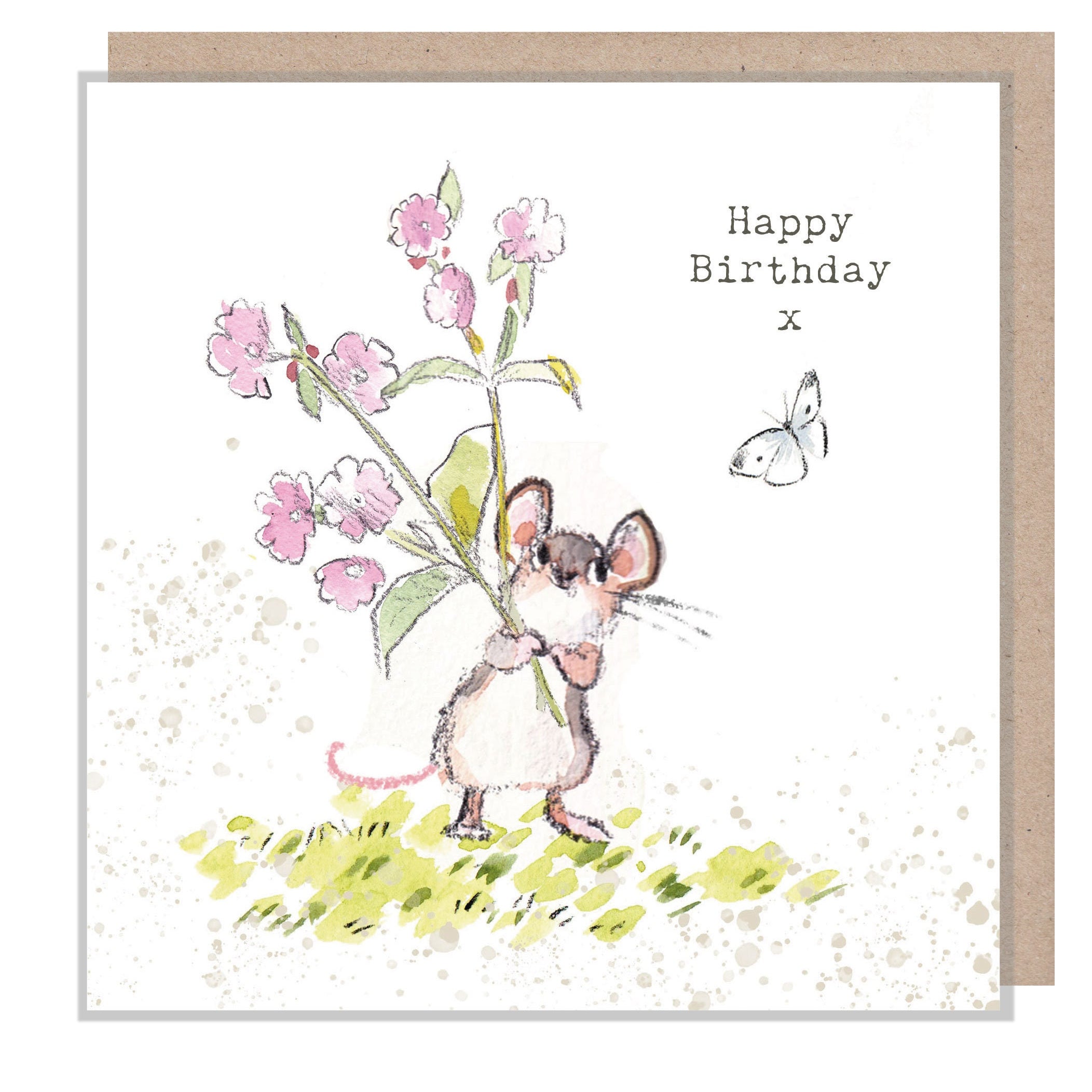 Mouse Birthday Card - Charming illustration - Mouse with Flowers and Butterfly- 'Bucklebury Wood'  range - Made in UK -  BWE011