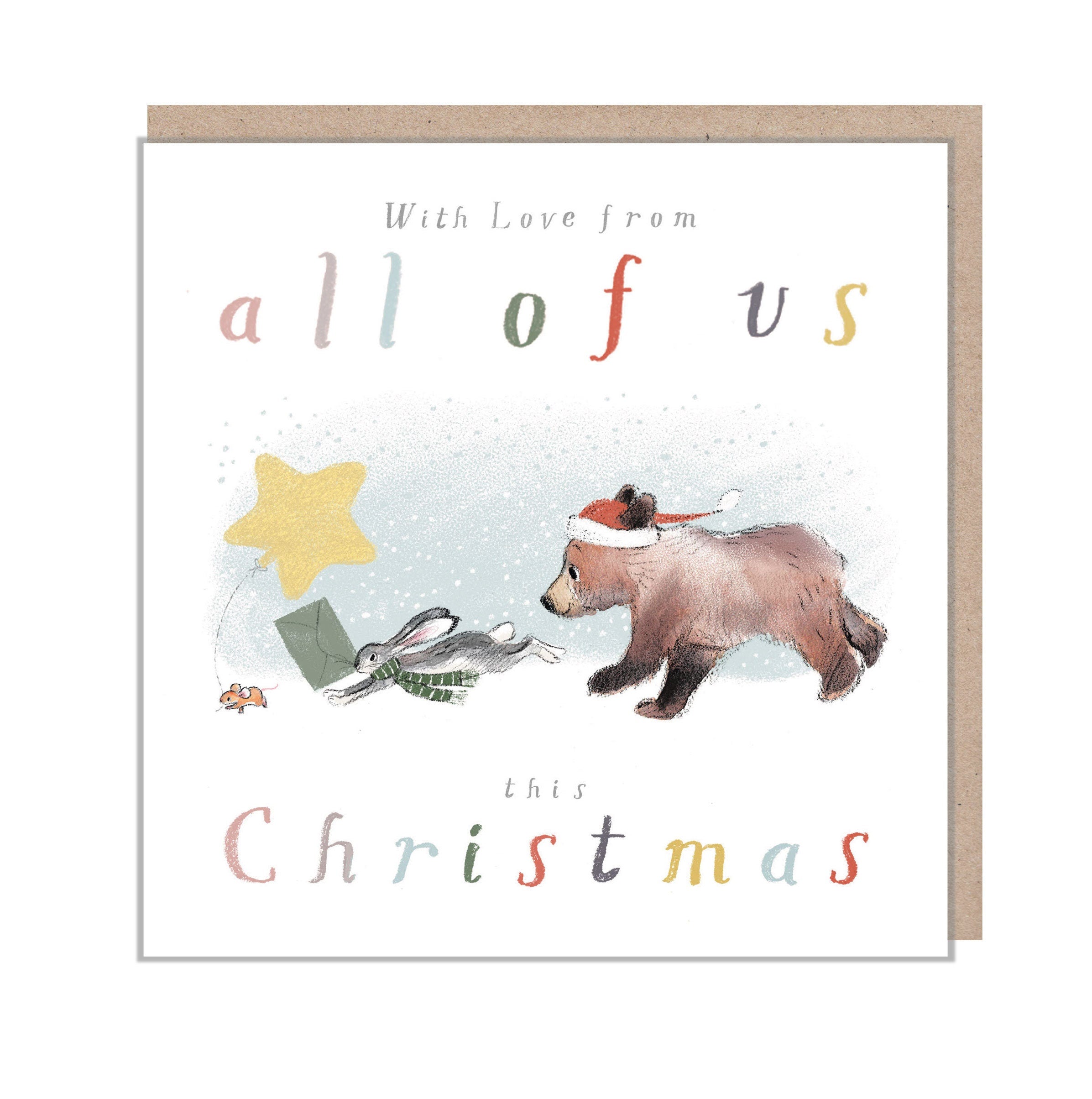 From all of us, Quality Christmas Card, 'the Bear, the Hare, and the Mouse', Cute heart warming  Bear Illustration, made in UK, BHMX02