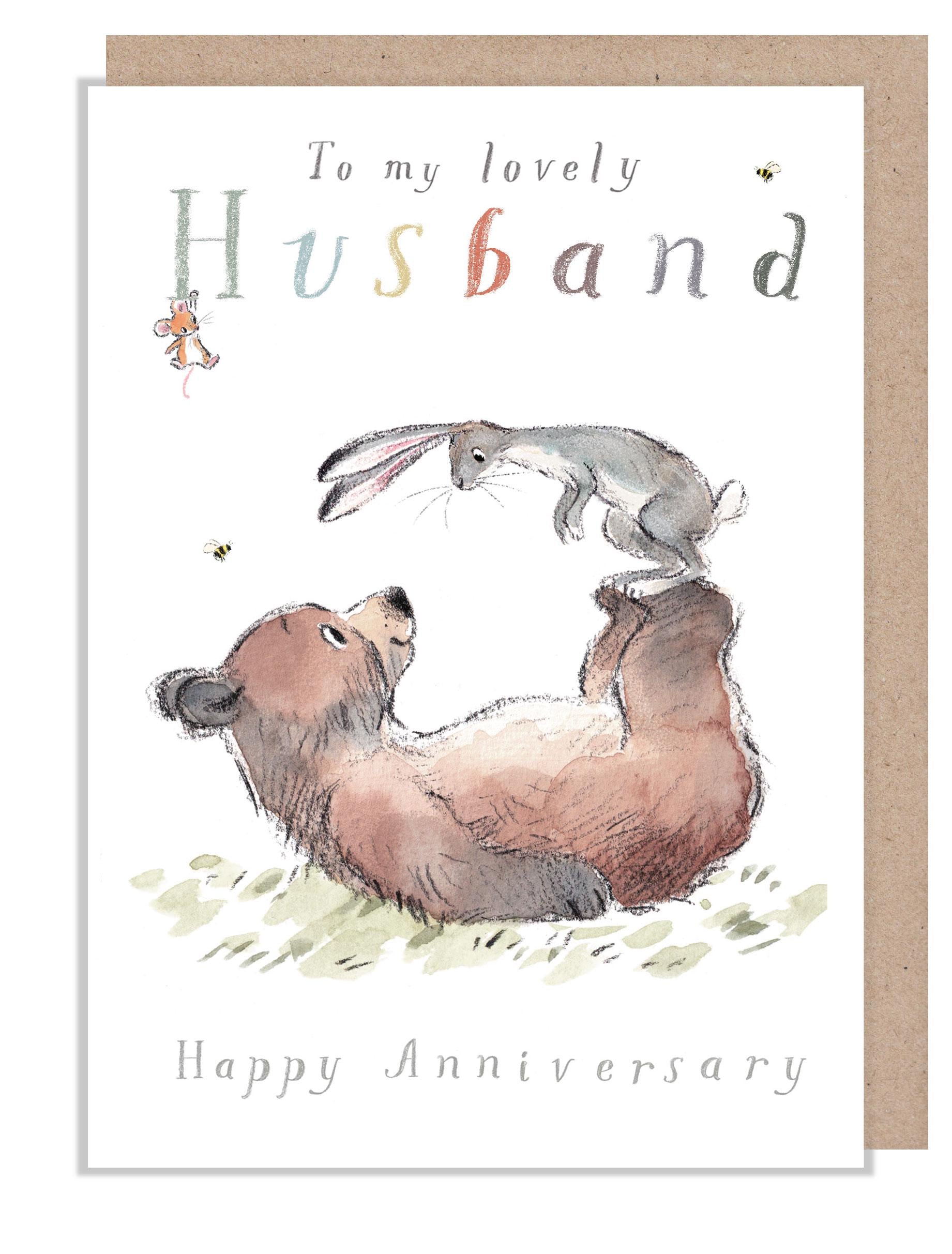 Husband Anniversary Card -Quality Card, To my Lovely Husband 'Bear, the Hare, and Mouse' heart warming Illustrations, made in UK, BHME035