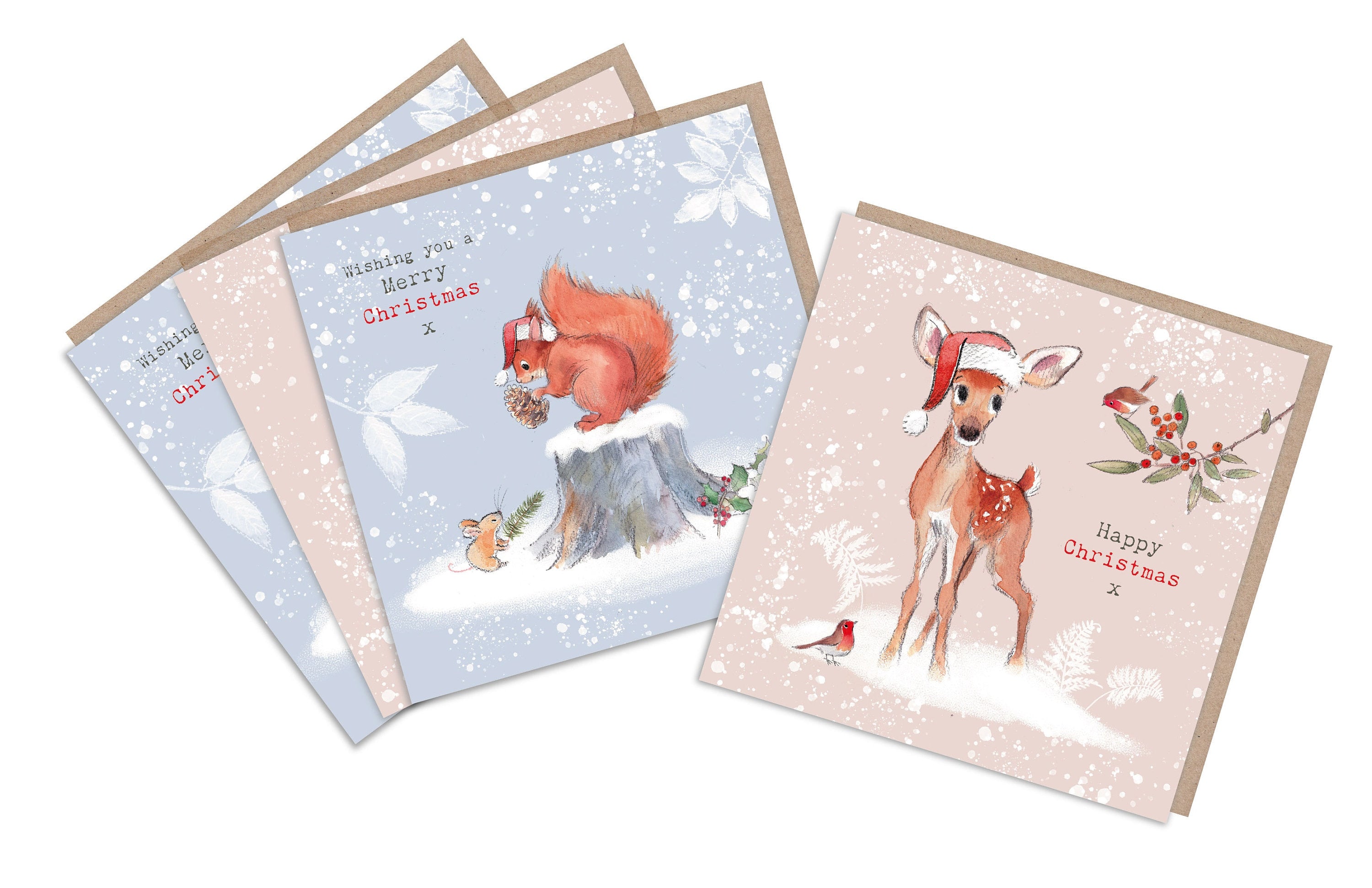 Pack of 4 Quality Christmas Cards - Cute illustrations - 'Bucklebury wood' range- Made in UK -  BWX06/BWX09