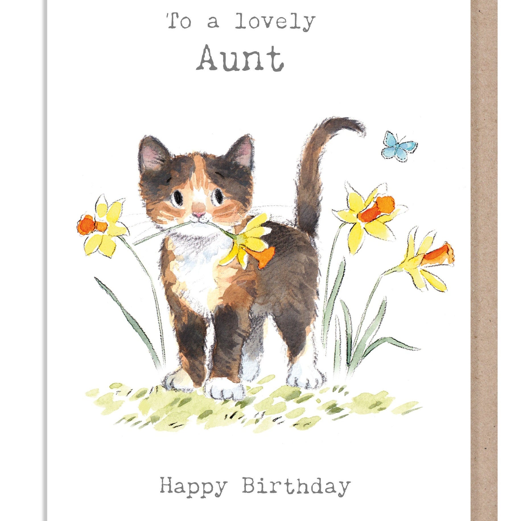 Aunt Birthday Card - Quality Greeting Card - Charming illustration - 'Pawsitively Purrect' range - Cat with Daffodils - Made in UK-EPP024
