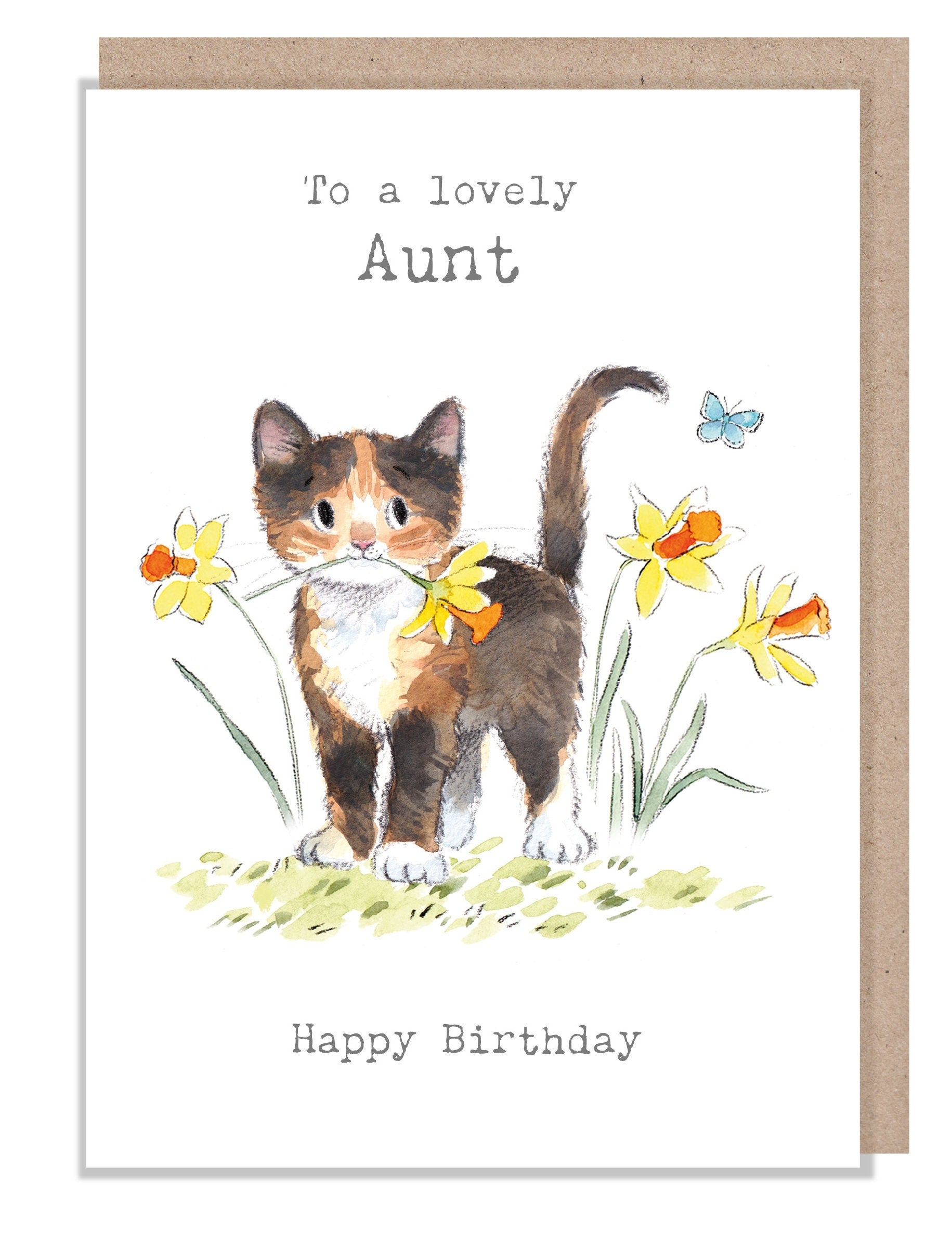 Aunt Birthday Card - Quality Greeting Card - Charming illustration - 'Pawsitively Purrect' range - Cat with Daffodils - Made in UK-EPP024