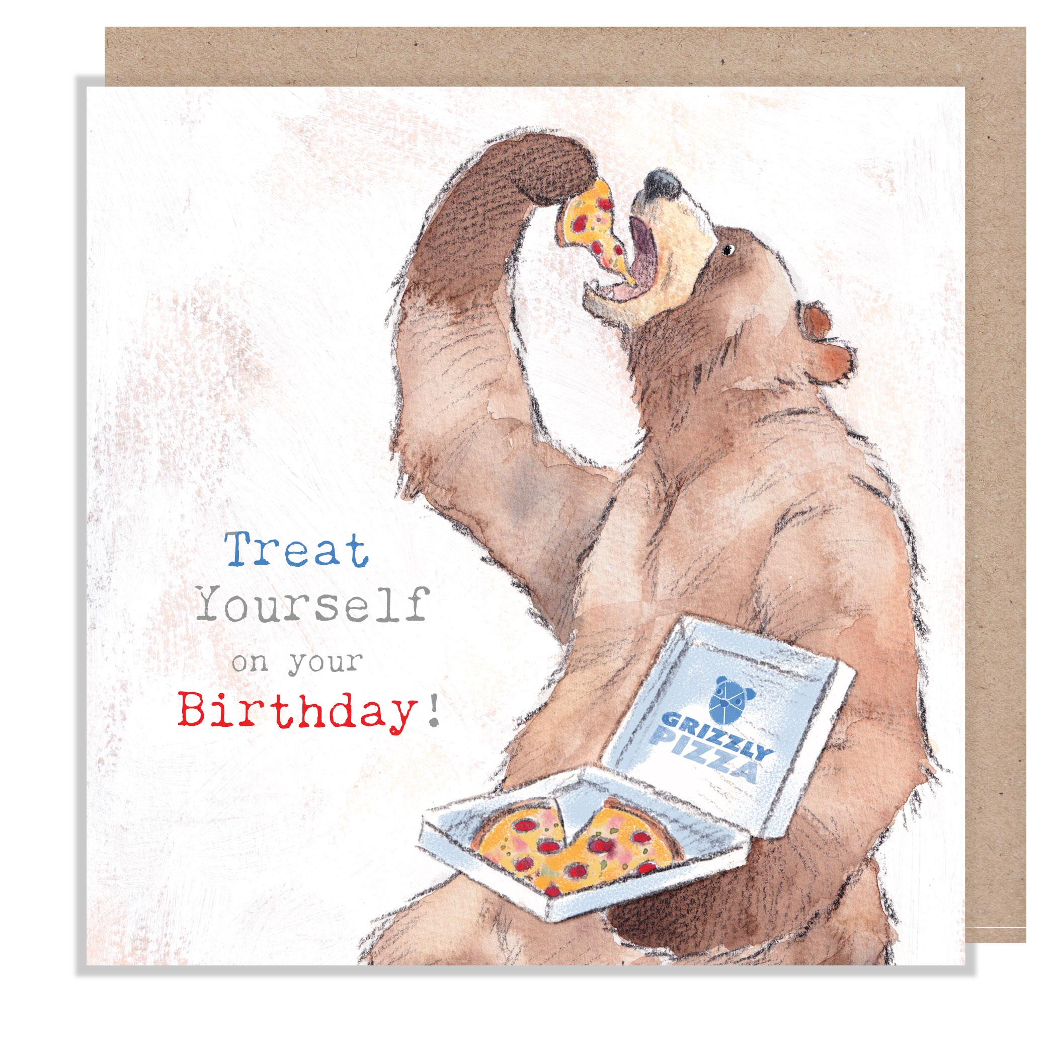 Birthday card, Treat yourself on your Birthday - Quality Card, Bear eating Pizza 'Hey Bear' range, Fun Illustrations, made in UK, HBE06