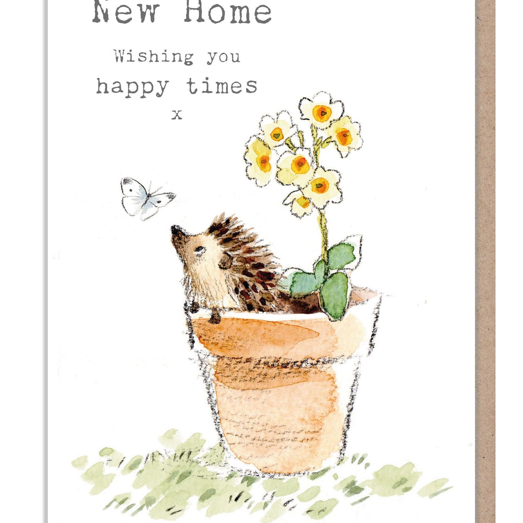 New Home - Quality Card - Charming illustration - Hedgehog in Flowerpot - 'Bucklebury Wood'  range - Made in UK -  BWE027