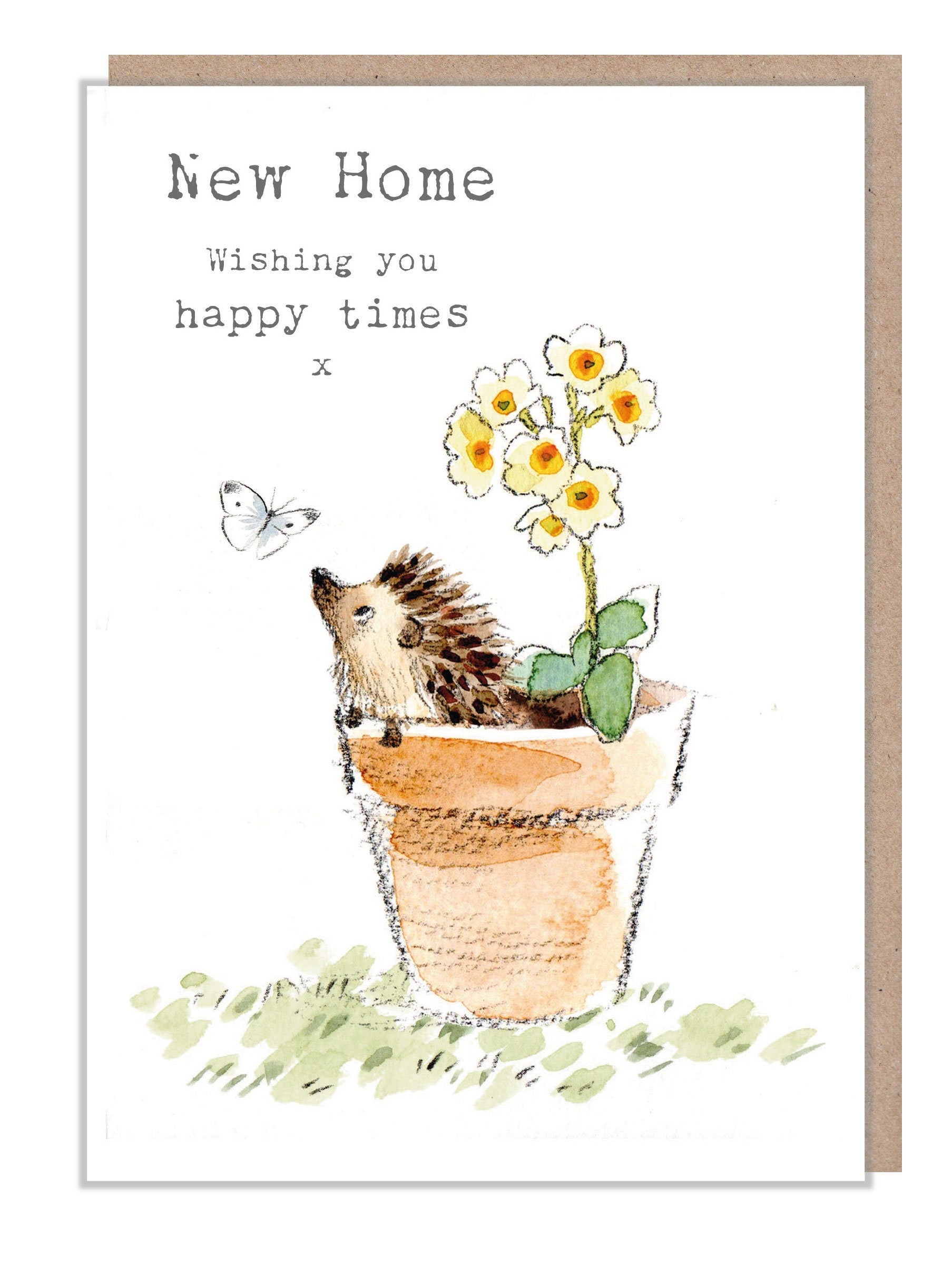 New Home - Quality Card - Charming illustration - Hedgehog in Flowerpot - 'Bucklebury Wood'  range - Made in UK -  BWE027